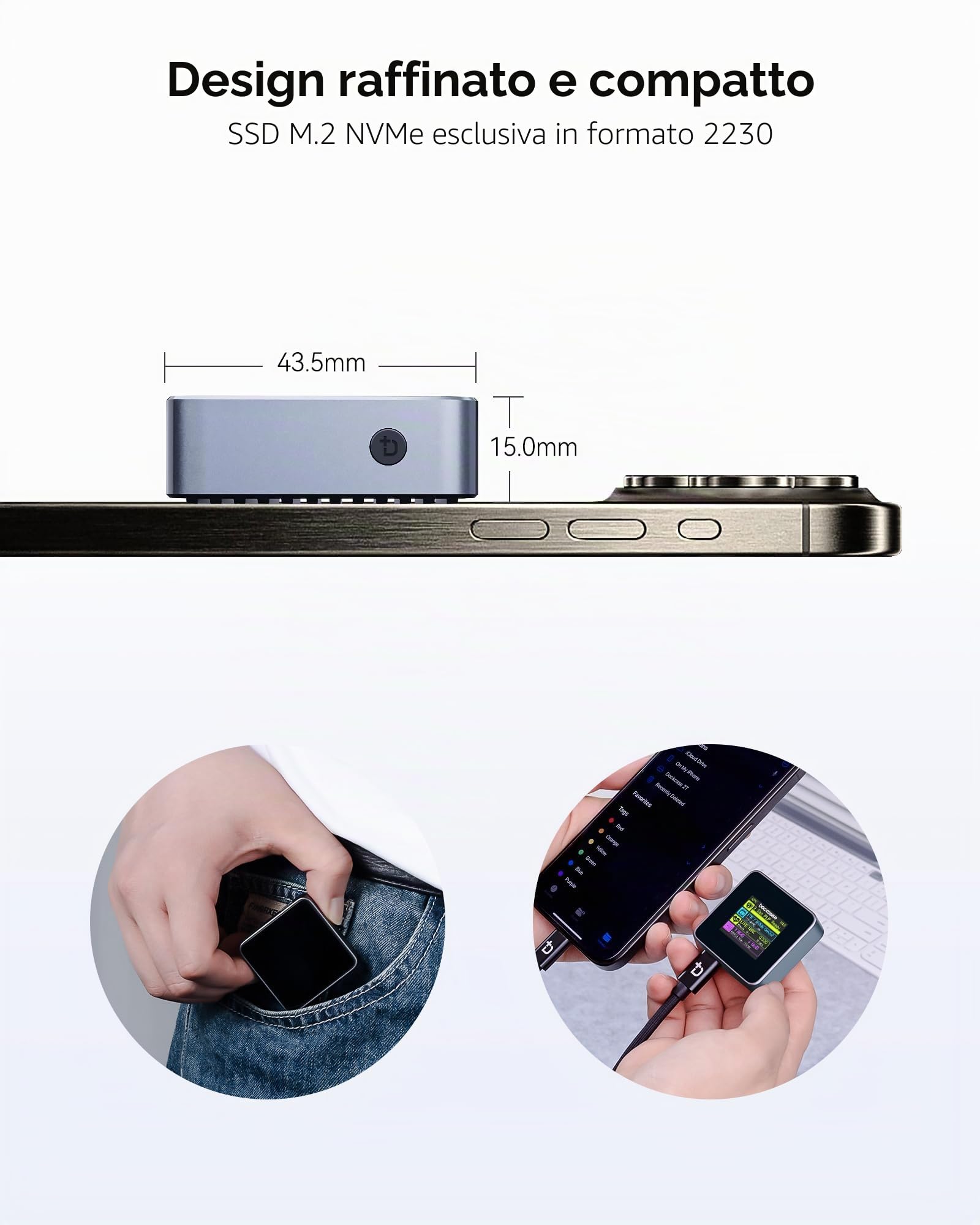 DOCKCASE Smart Pocket SSD Case - 3S Power Loss Protection, NVMe M.2 Alloggiamento in tempo reale SD, USB 3.2 Gen 2 10Gbps, supporta SSD NVMe/PCIe 2230 M.2 fino a 2TB