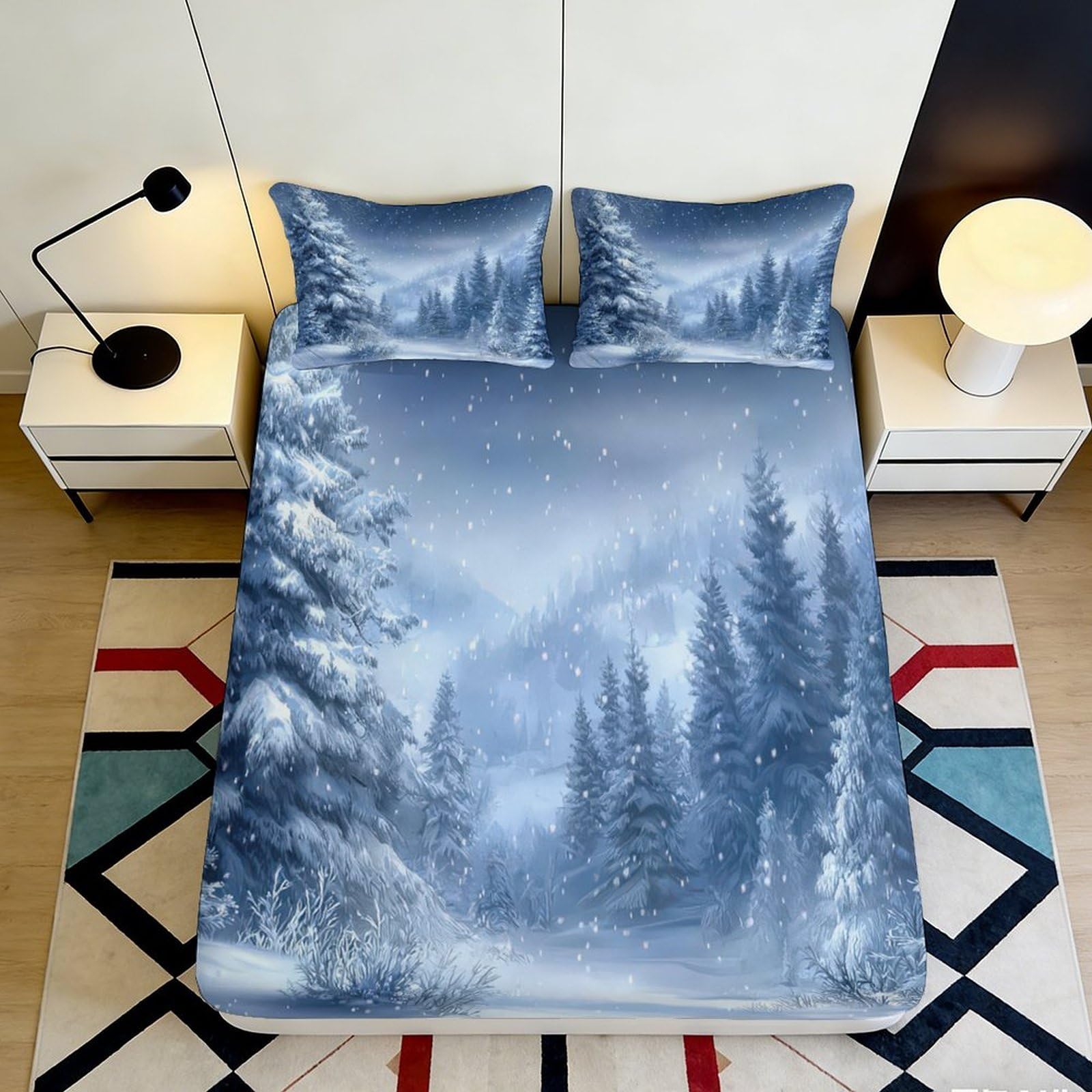Pnayamiorkfel Style-5 3D Printed Winter Snow Forest Fitted Sheet Microfiber Soft Bed Cover Scenic Bedroom Decor Machine Washable 90X200x25cm