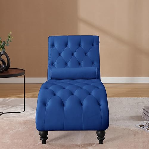 Miniatura 9 de RXRRXY Moderna tumbona de terciopelo para interiores con ribete de cabeza de clavo, sillón sin brazos con botones para interior con almohada lumbar