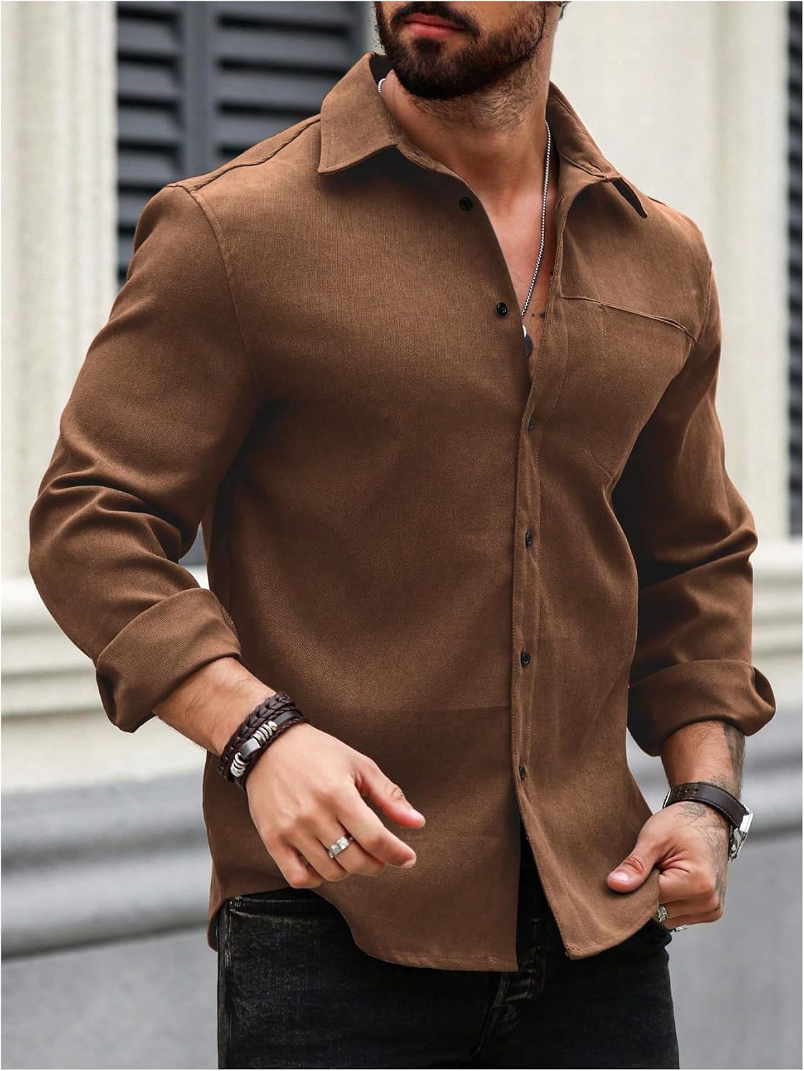 Milumia Men's Corduroy Button Down Shirt Western Long Sleeve Collared Casual Work Shirt Jackets - Image 3