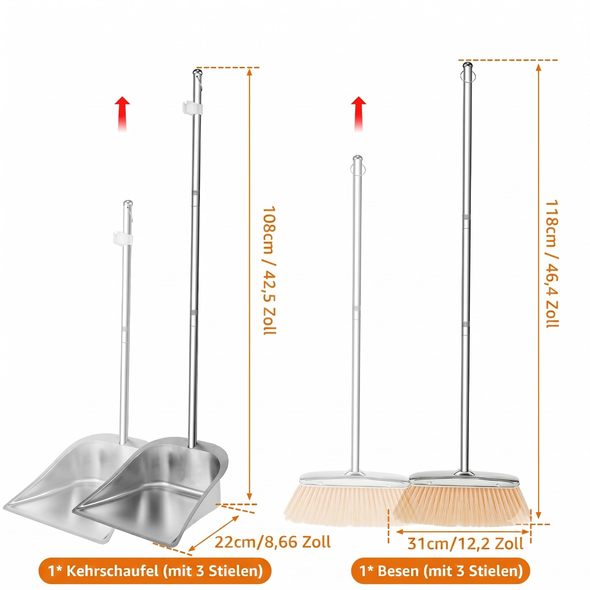 Juego de escoba y recogedor con mango largo de acero inoxidable de 118 cm, escoba vertical con pala, escoba con recogedor para uso en el hogar, cocina, habitación, oficina y suelo del