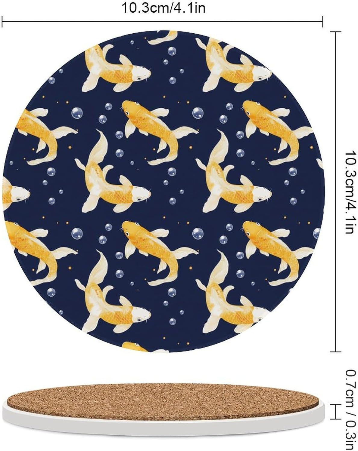 Yellow Japanese Fish Round Ceramic Coasters for Drinks Absorbent Cup Holder Tabletop Protector with Cork Base