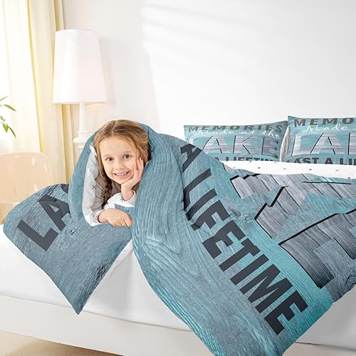 Miniatura 7 de Juego de ropa de cama de tamaño King para niños y niñas, juego de edredón rústico de granja para niños, edredón de la vida del lago, juego de