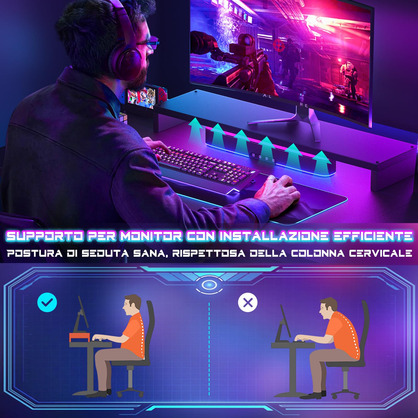 iSunirm Scrivania Gaming con Supporto per Monitor e Ripiano di Stoccaggio,Scrivania Computer con 2 Prese e 2 Porte USB,Scrivanie Moderne per Ufficio e Studio,100x50x75cm,Nero