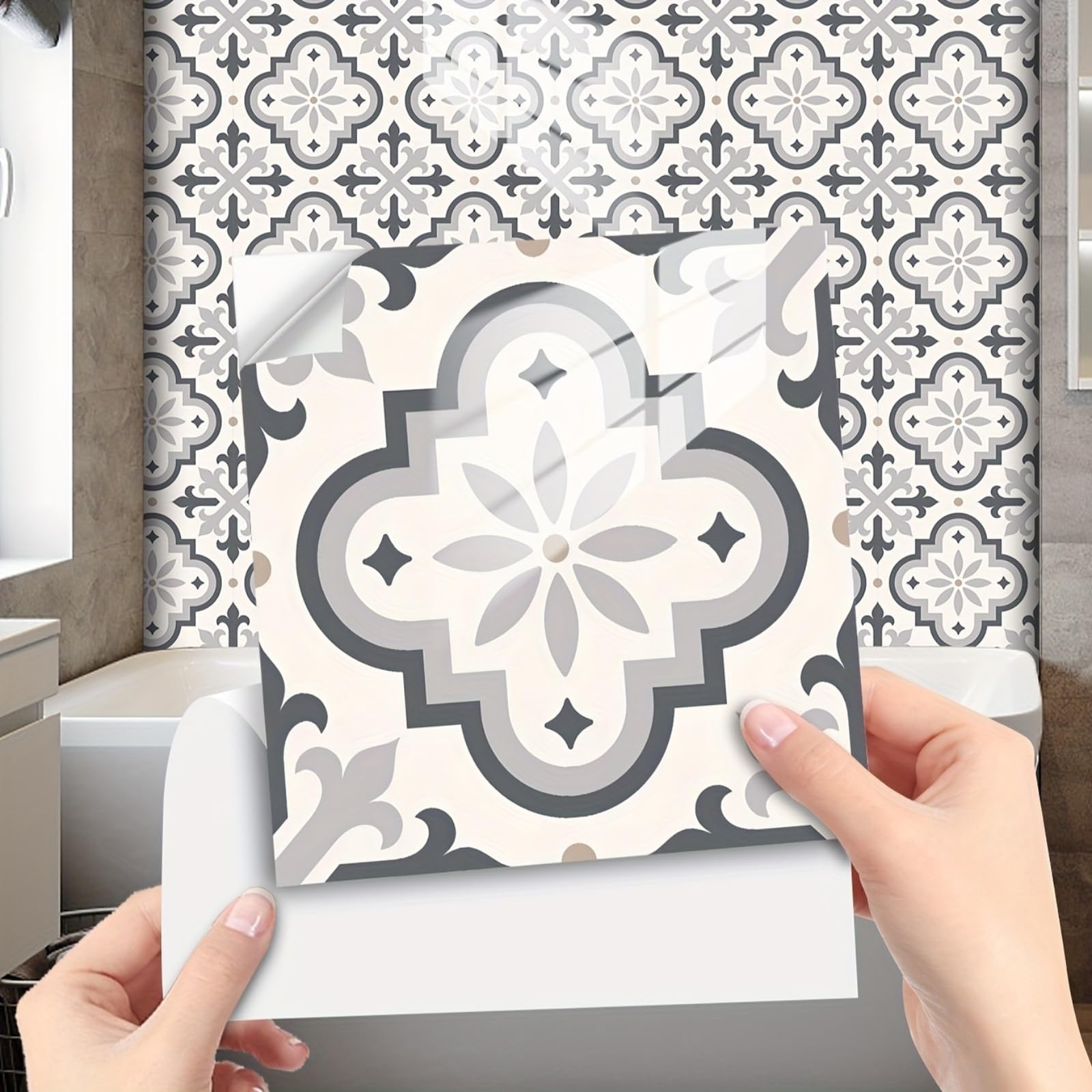 Retro Tile Stickers 10/15/20/30cm, 10Pcs Self-Adhesive Moroccan Wall Tiles, Waterproof Peel & Stick Vinyl for Kitchen Splashback Bathroom Floor Stairs (10x10cm-10pcs,FMB-651)