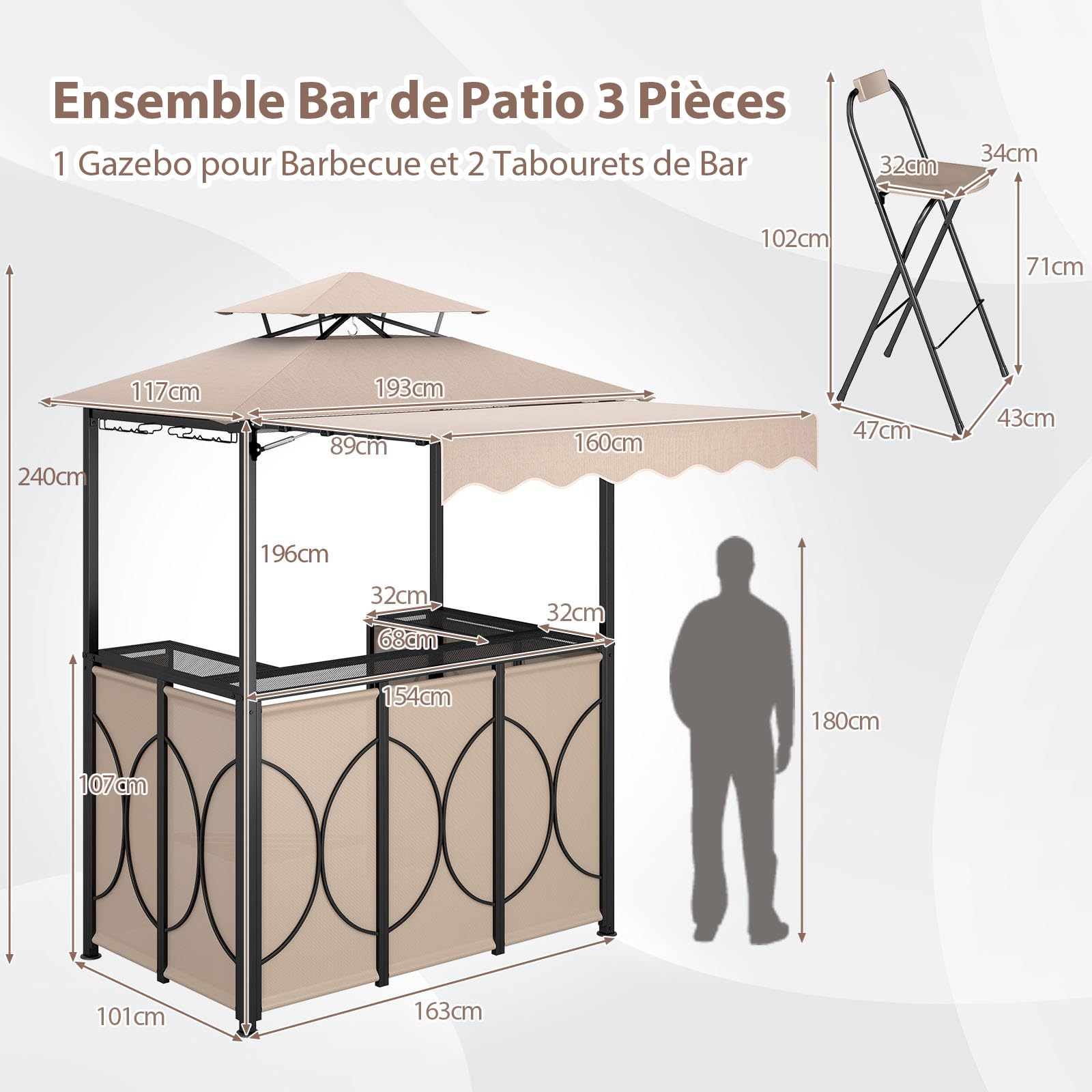 COSTWAY Tonnelle de Barbecue 3 Pcs Extérieur avec 2 Chaises Pliables Auvent, Ensemble de Bar de Jardin à Double Toit avec Table de Bar Étagères de Rangement en Métal, pour Jardin Cour (Marron)