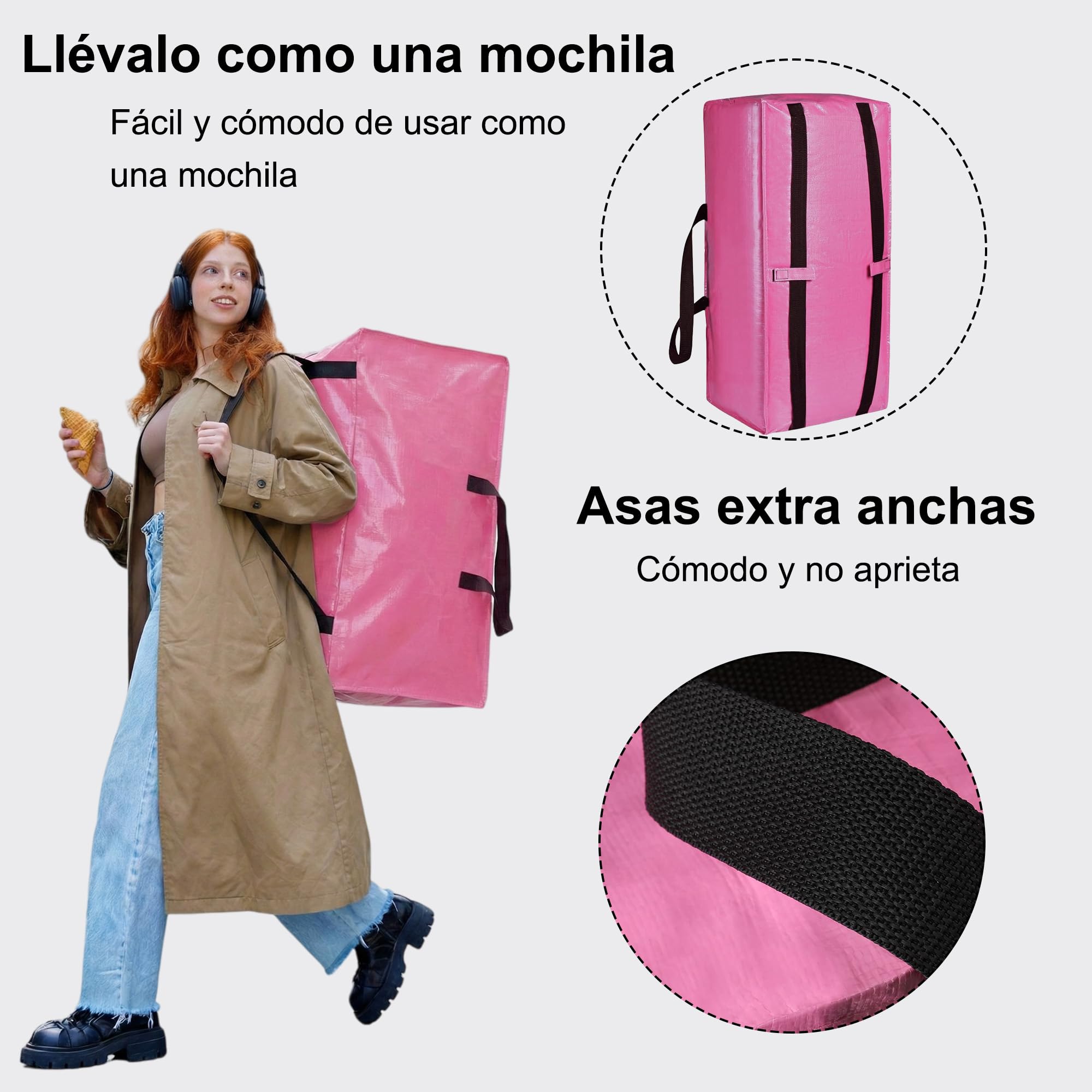 FUSHITON Bolsas de Mudanza Rosa 6 Unidades, Extra Grande 83L Bolsas de Almacenamiento con Cremallera y Asas Reforzadas, Bolsas Plegables para Mudanza, Ropa, Ropa de Cama