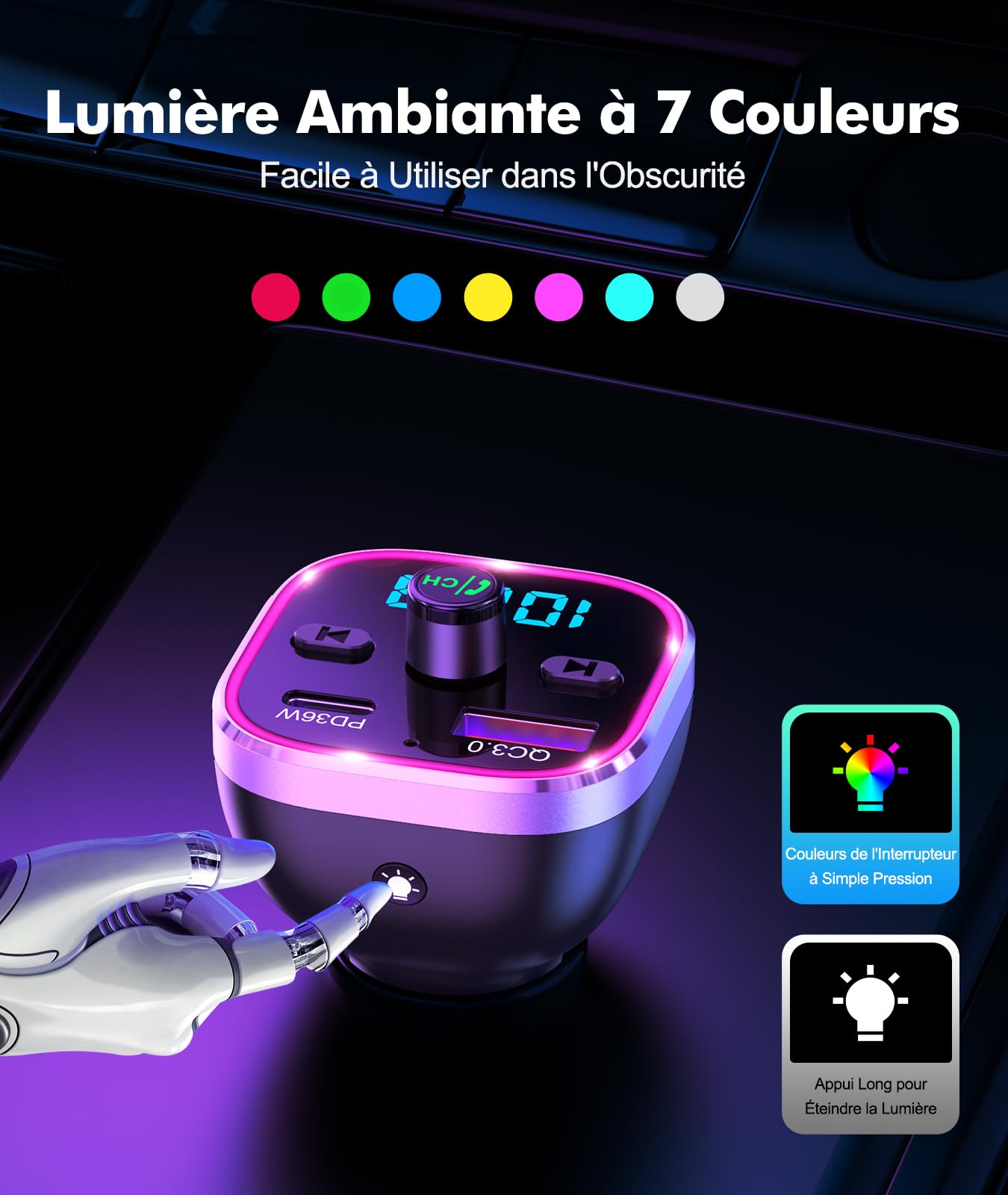 Mohard Transmetteur FM Bluetooth 5.3, 54W [PD+QC 3.0] Adaptateur Bluetooth Voiture Allume Cigare Charge Rapide, Appels Mains Libres & 7 Couleurs Rétroéclairage, HiFi Musique Emetteur Bluetooth Voiture