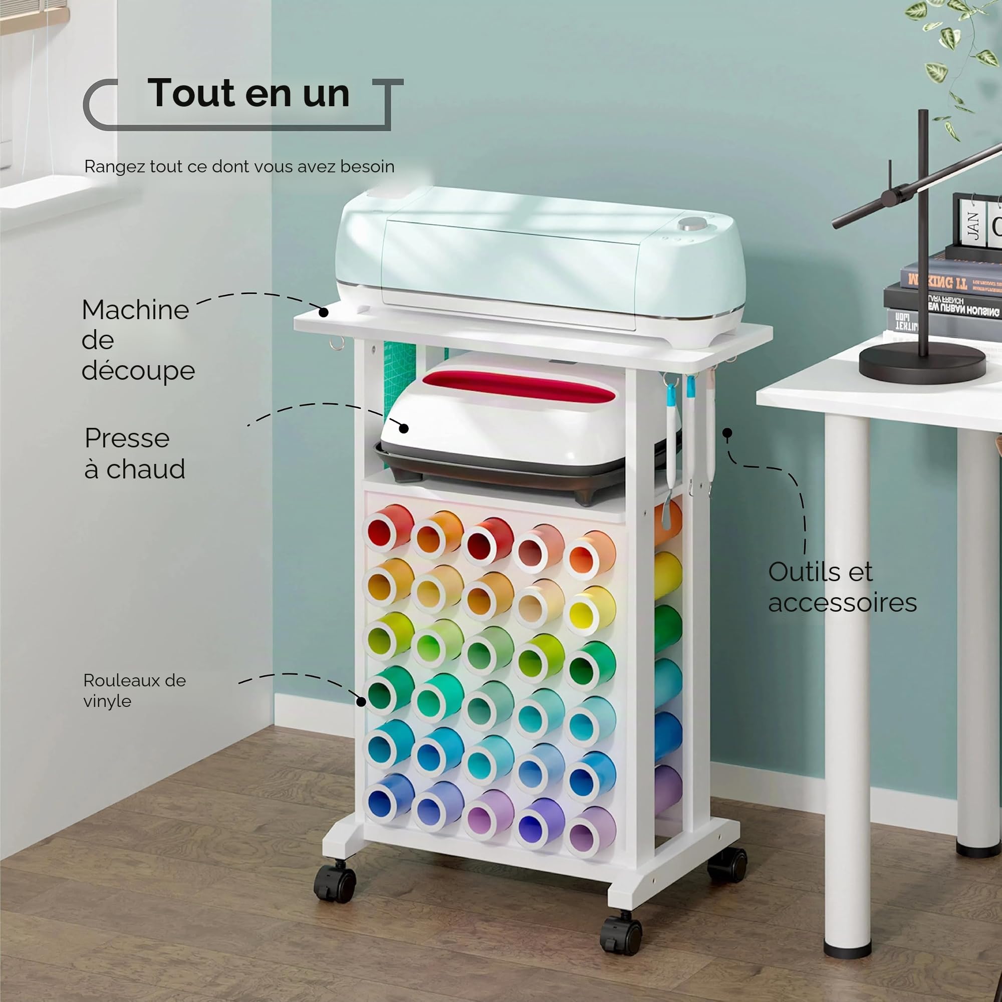 Crafit Organisateurs et rangements compatibles avec les machines Cricut, chariot de rangement pour artisanat à roulettes avec 30 porte-rouleaux de vinyle, poste de travail d'organisation