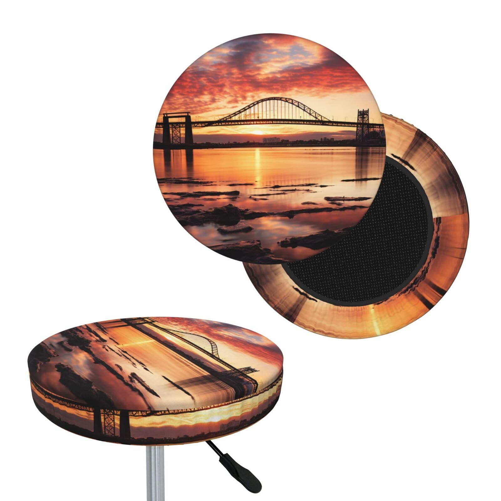 FodPand Newark Bay Bridge and Sunset Bar Stool Cover Round Elastic Stool Cushion Covers Washable Bar Stool Chair Slipcover Stretch Stool Seat Covers for 12-14 Inch Chair
