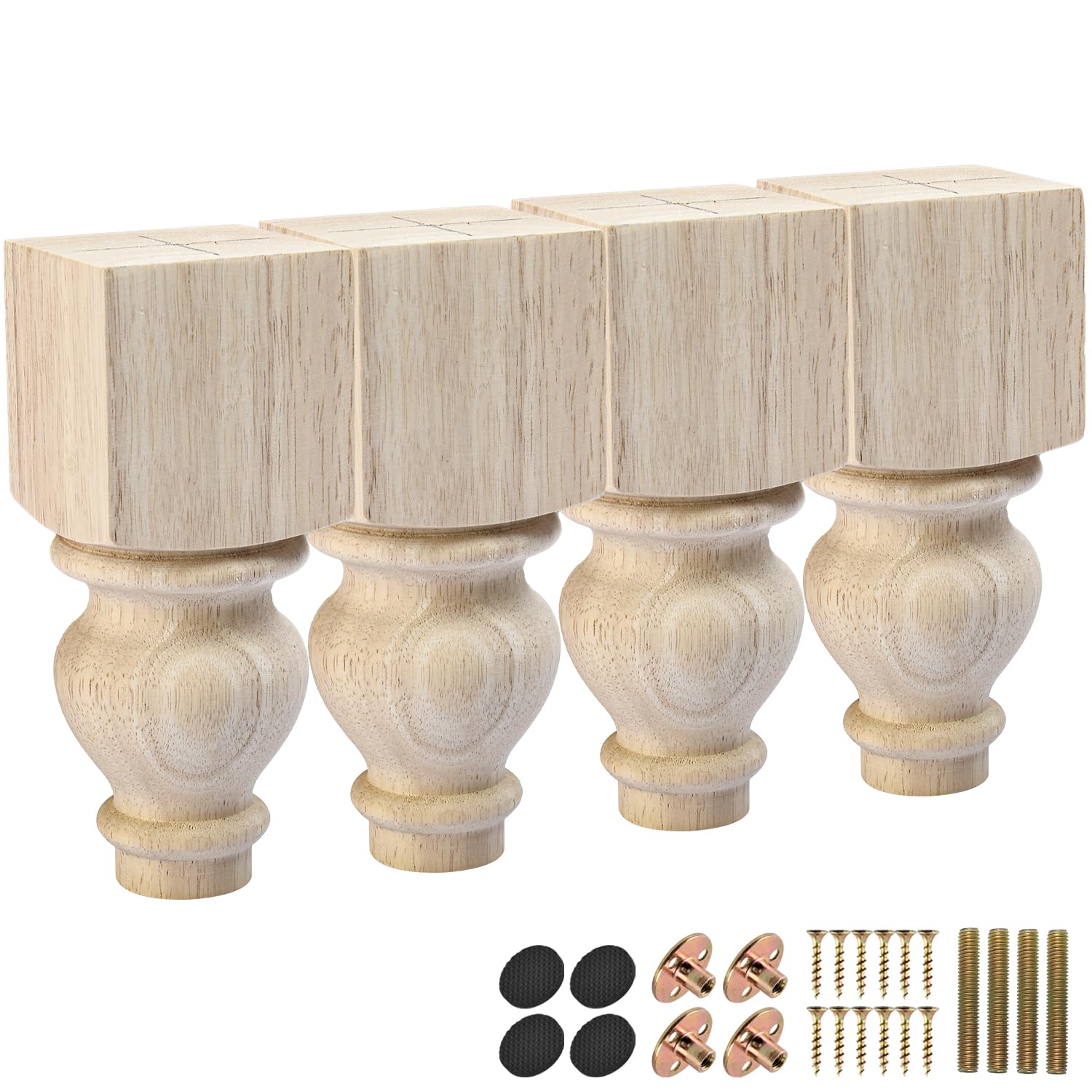 La Vane 6 inch / 15cm Wooden Furniture Legs, Set of 4 Solid Wood Carved Geometry Unfinished Replacement Bun Feet with Mounting Plate & Screws for Sofa Cabinet Couch Table TV Stand