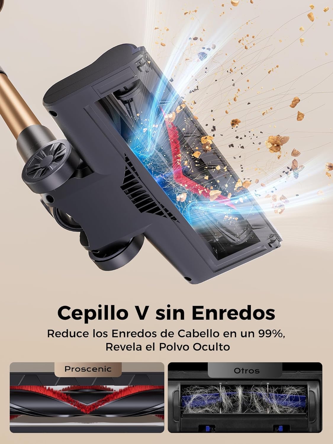 Aspiradora sin Cable, Aspiradora Escoba Vertical Potente con Luz Verde, Cepillo Antienredos y Pantalla LED para Alfombras/Suelos/Pelo de Mascotas