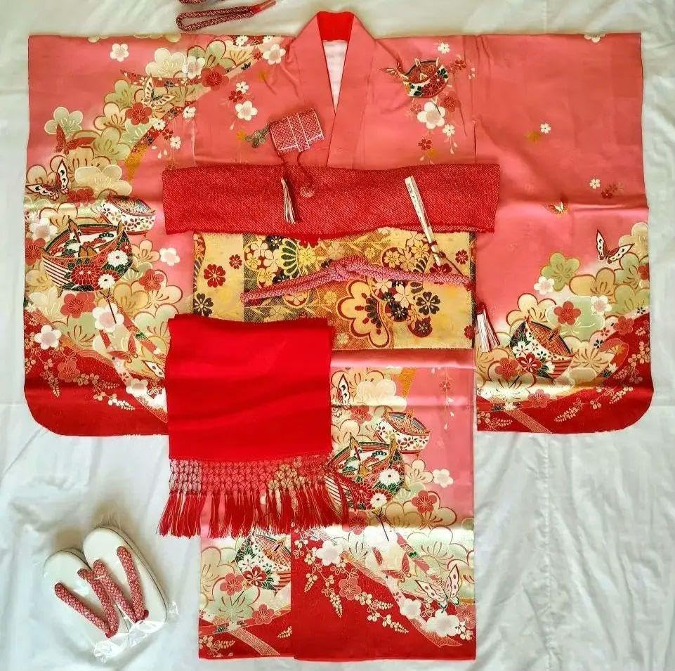 クリーニング済み 七五三 7歳 ハーフ成人式 着物 四つ身 ピンク 古典柄