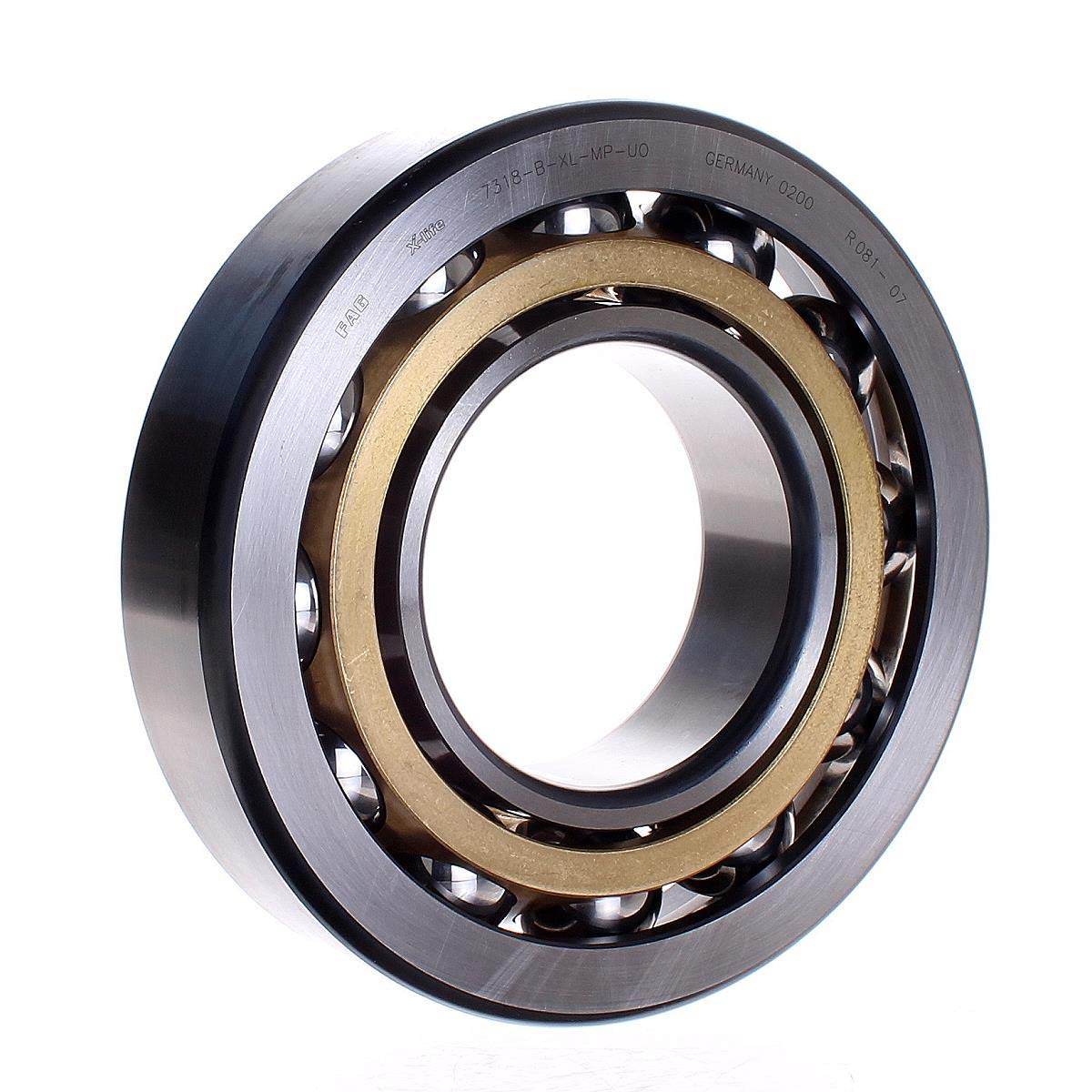 FAG 7318B-MP-UO Angular Contact Ball Bearing, Single Row, Open, 40° Contact Angle, Brass Cage, Normal Clearance, Metric, 90mm ID, 190mm OD, 43mm Width, 3800rpm Maximum Rotational Speed, 31500lbf Static Load Capacity, 36500lbf Dynamic Load Capacity,