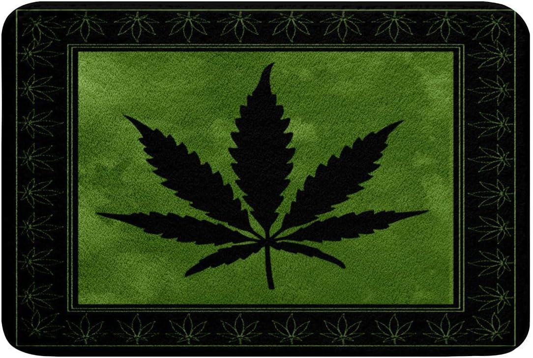Marijuana Leaf Shaggy Absorbent Floor Mat Marijuana Leaves Green Non Slip Bath Mat Cannabis Leaf Microfiber Bathroom Rugs for Leaf Branches Bathroom Floor Indoor Doormat Room Decor 20"x32"