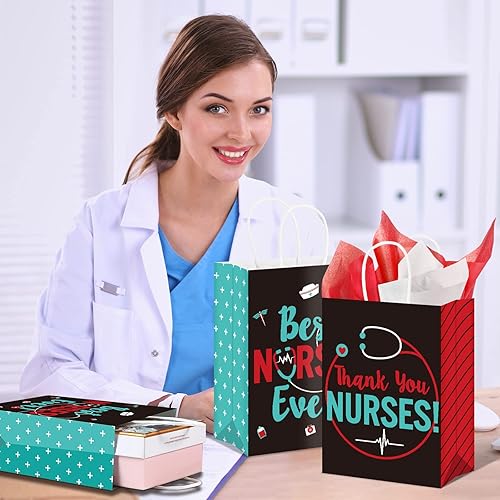 Miniatura 7 de 30 bolsas de agradecimiento para enfermeras, bolsas de papel kraft, 30 piezas de papel de seda, bolsas de golosinas, bolsas de regalo para atención