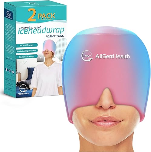 Paquete de 2 sombreros de cabeza para aliviar la migraña, para aliviar el dolor de cabeza y migraña, paquete de hielo de gel frío con compresa de