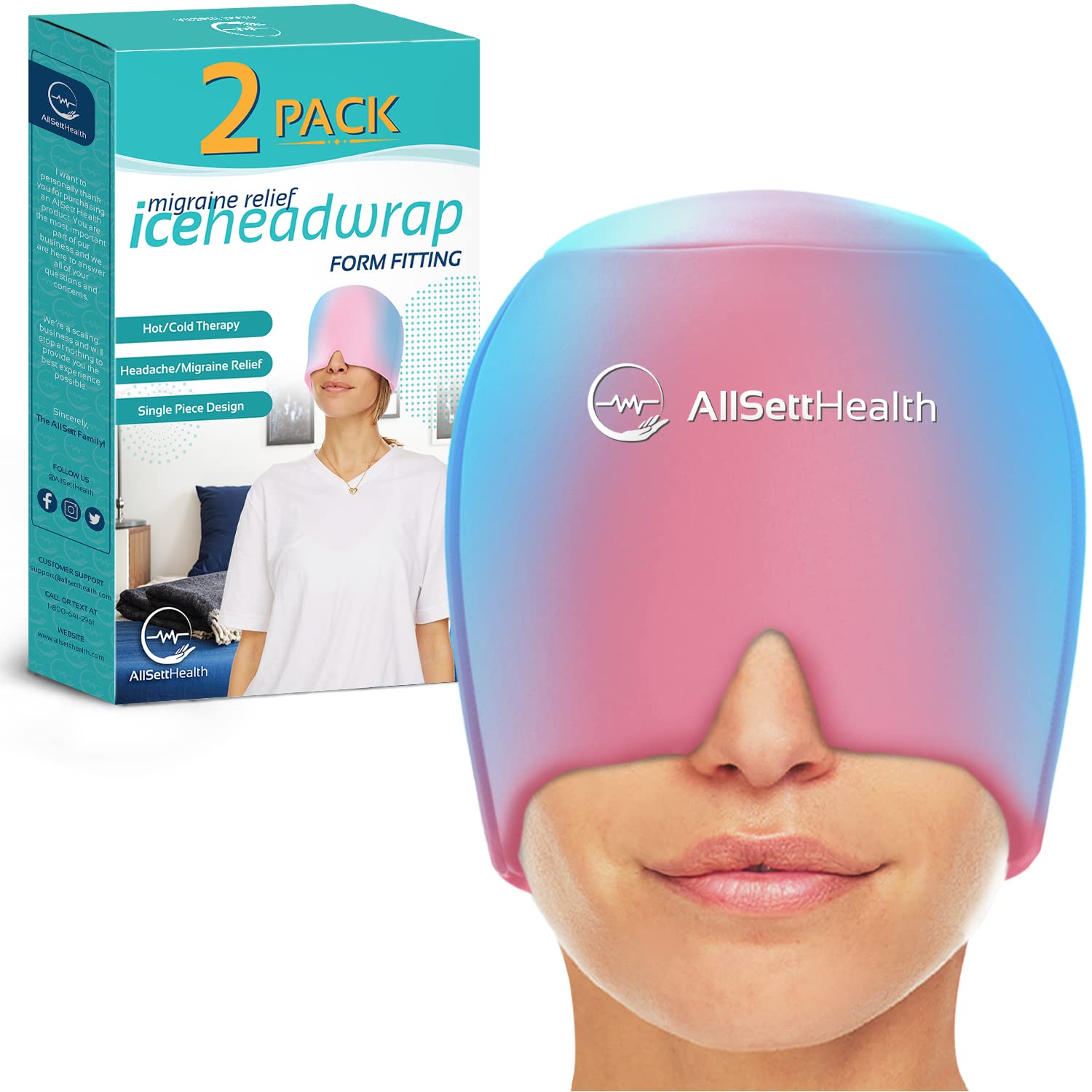 2 Pack Migraine Relief Ice Head Wrap Headache and Migraine Hat | Cold Gel Head Ice Pack with Face and Eye Mask Compress for Cooling Migraine Relief - FSA HSA Eligible Items