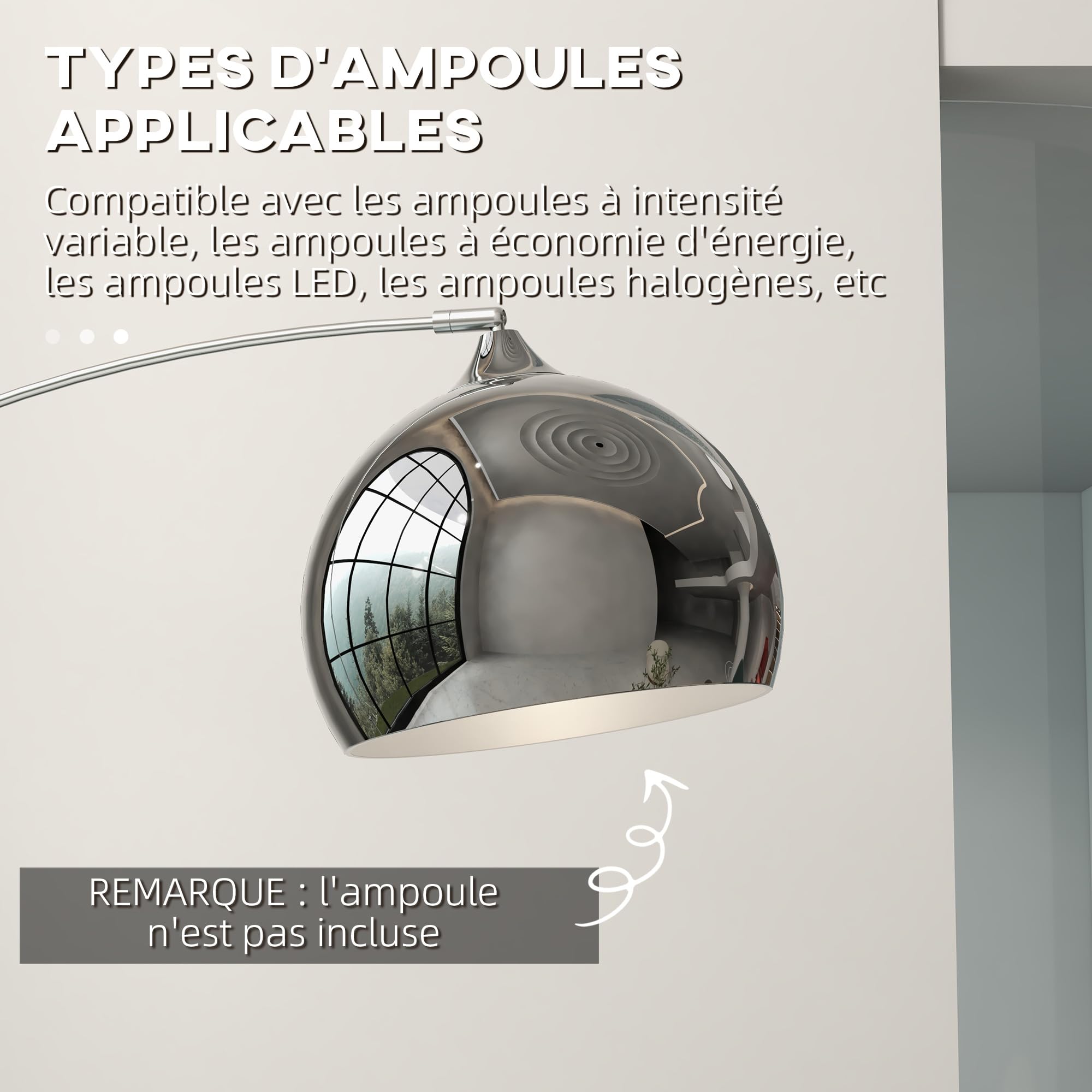 HOMCOM Lampadaire Arc avec Abat-jour Argenté, 40W E27, Pied Marbre, Hauteur Réglable 170-180 cm, Noir Gris