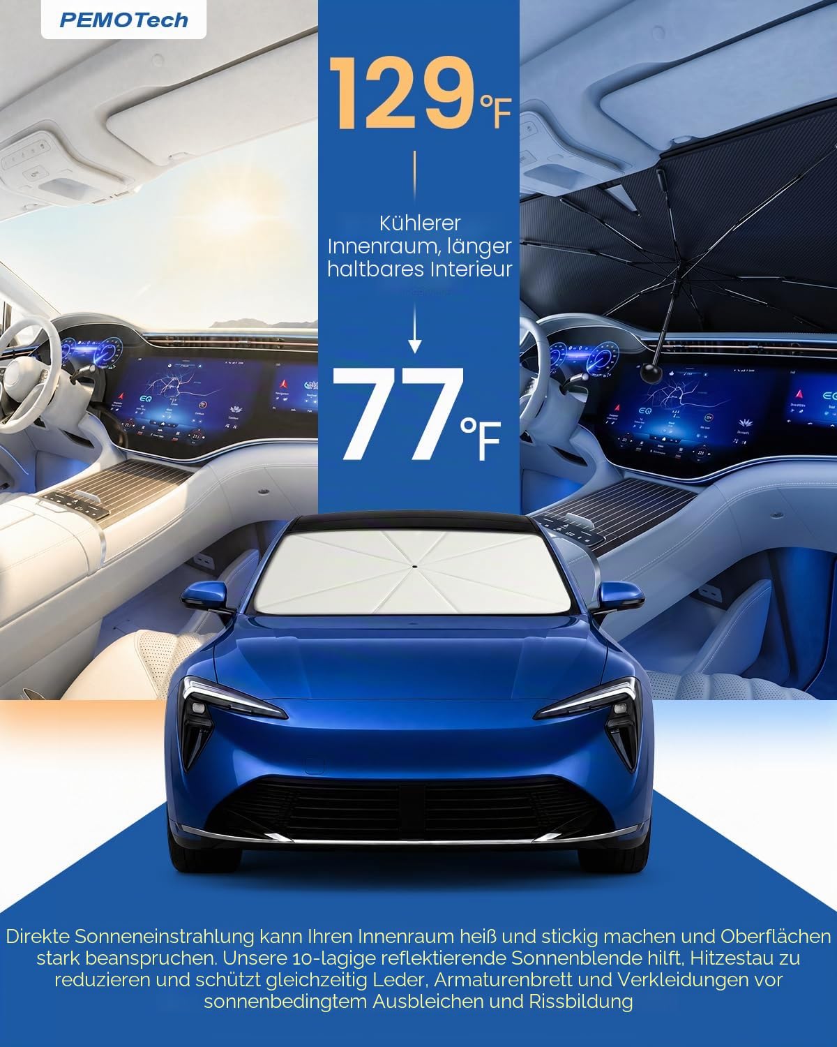 PEMOTech Faltbarer Sonnenschutz Auto mit 5-Layer Nano, Sonnenblende Auto, Sonnenschutz Auto Frontscheibe, 360° Drehbar, UV-Schutz, Hitzeschutz, Anti-Puncture für die meisten Fahrzeuge (132×76cm)