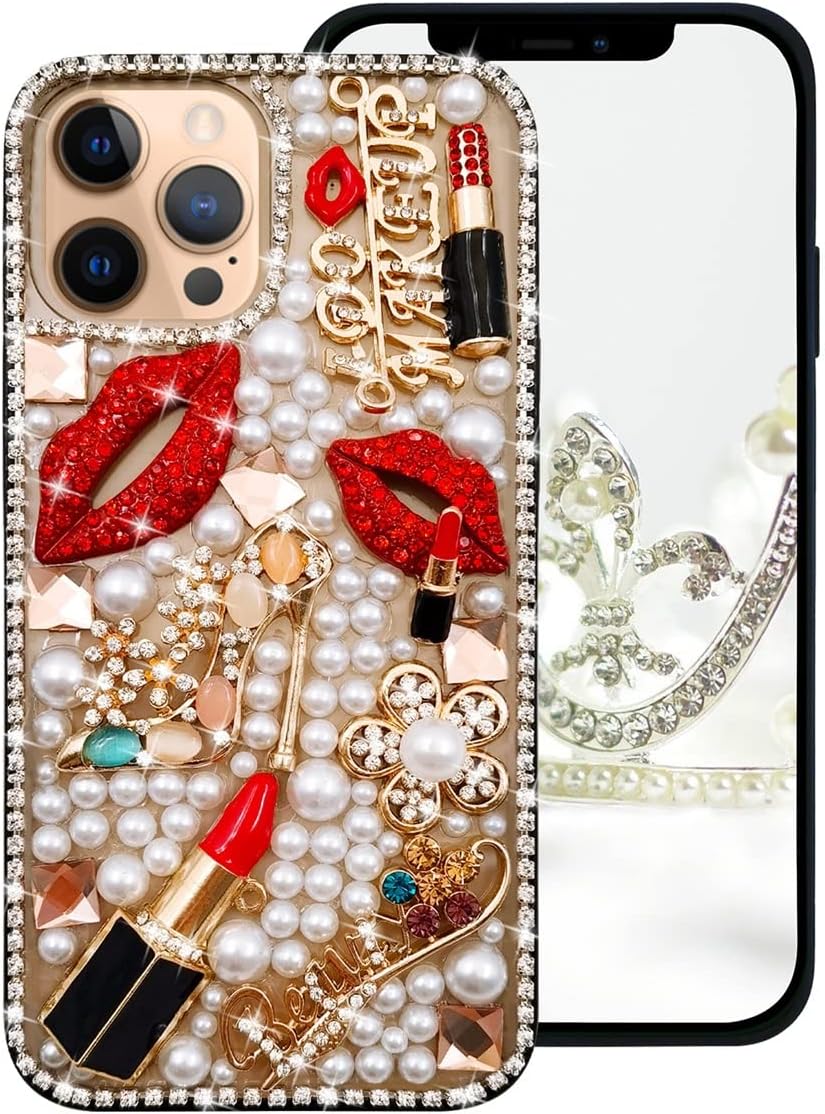 TINTON Compatible with iPhone 13 Pro Max Bling Case for Women Girls Luxury Sparkle Glitter 3D Handmade Diamond Crystal Rhinestone Lips Lipstick Pearl Flowers High Heels Soft Protective Case Clear