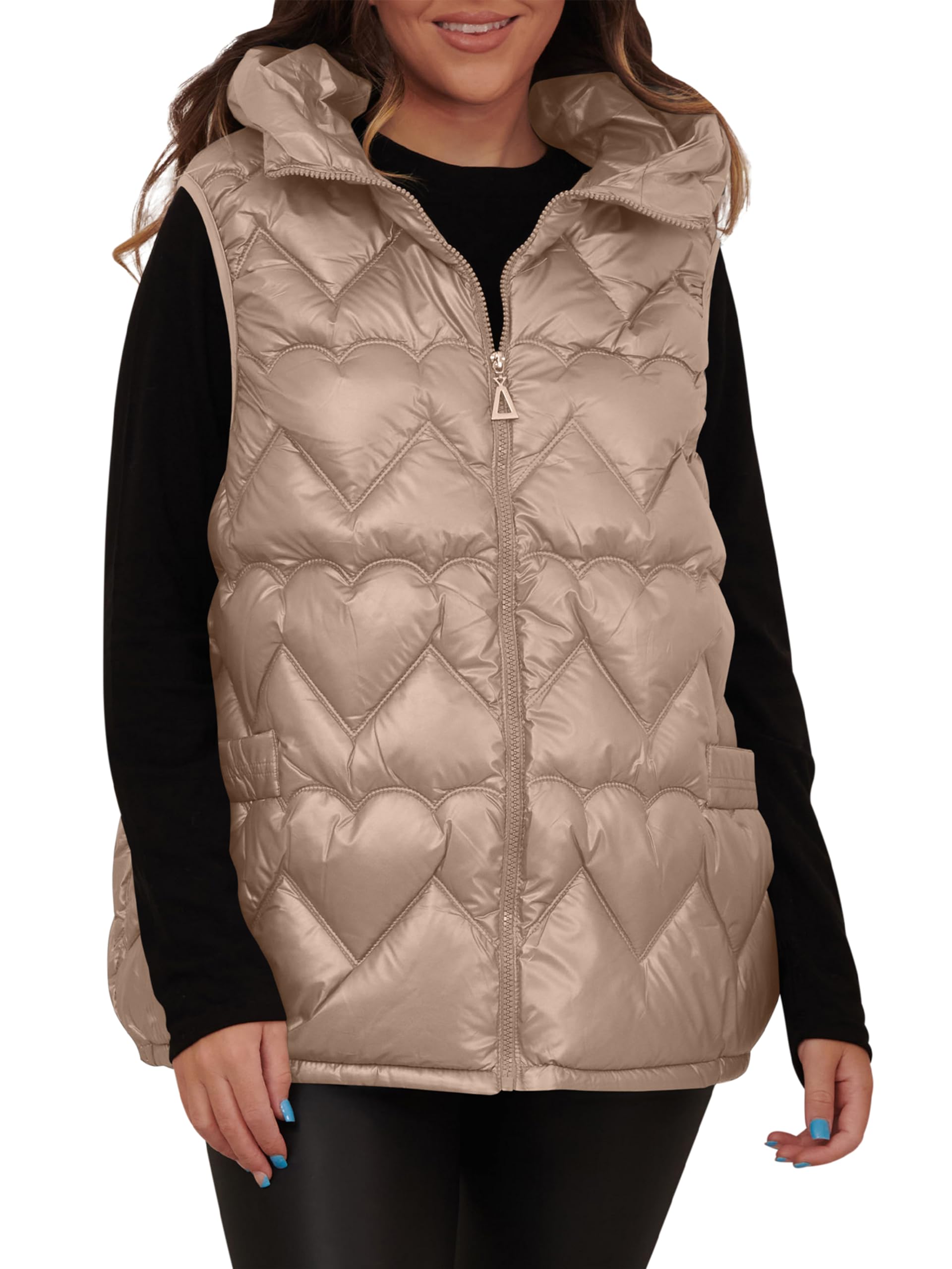 Love My Fashions Women's Beige-Plain Quilted Gilet With Hood – Sleeveless Padded Shiny Bodywarmer, Lightweight Windproof Winter Vest For Uk