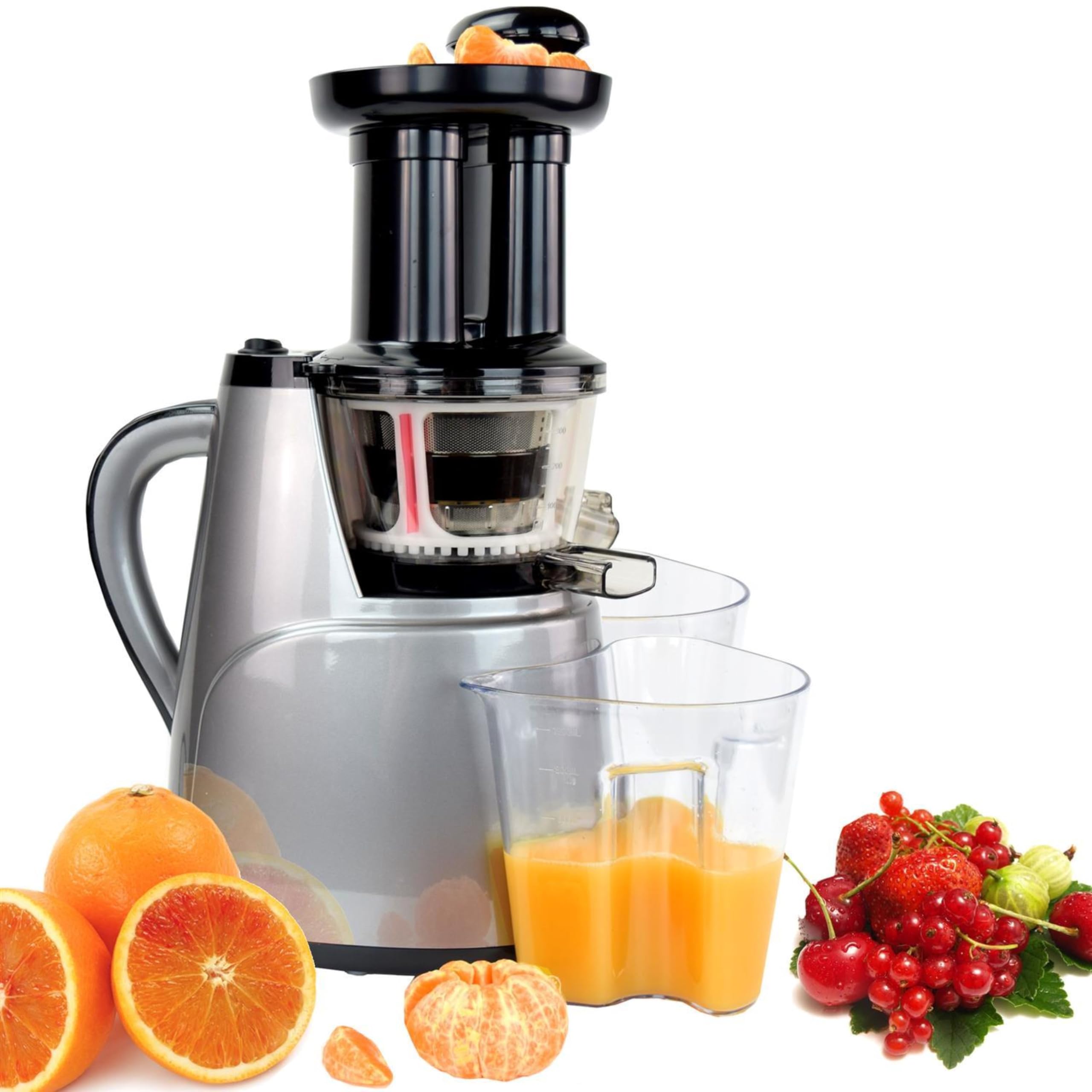 Syntrox Slow Juicer Quirzo | kleiner | kalt | langsam | Entsafter | Saftpresse, mit Aufsätzen, für Obst und Gemüse, 45 U/min, Küchengeräte, Schwarz-Silber