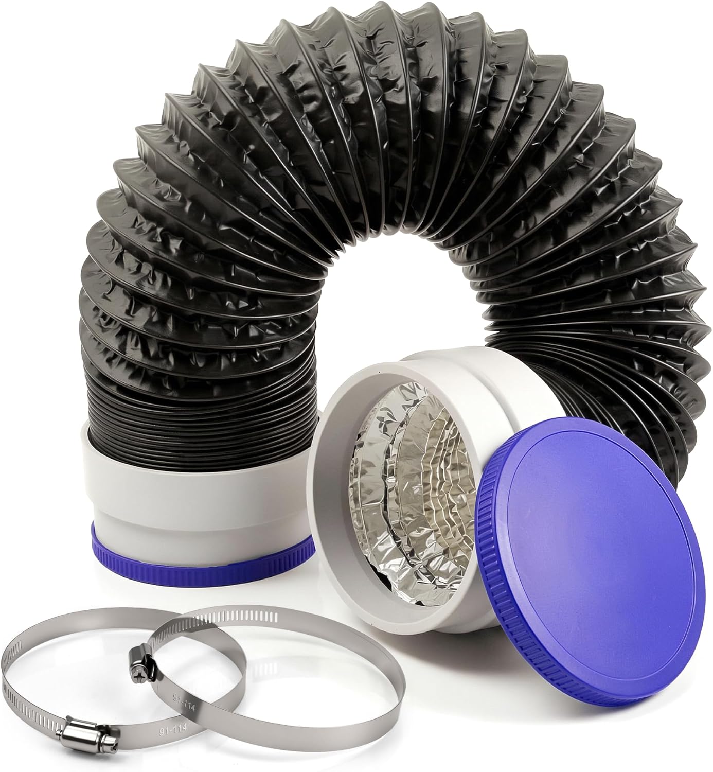 4Inch Flexible Dryer Vent Hose, 5FT 6-Layer Aluminum Dryer Duct with Rubber Seals Connectors Heat- Resistant vent vacuum hose for Tight Spaces, Dryer Vent Ventilation Kit with 2 Clamps