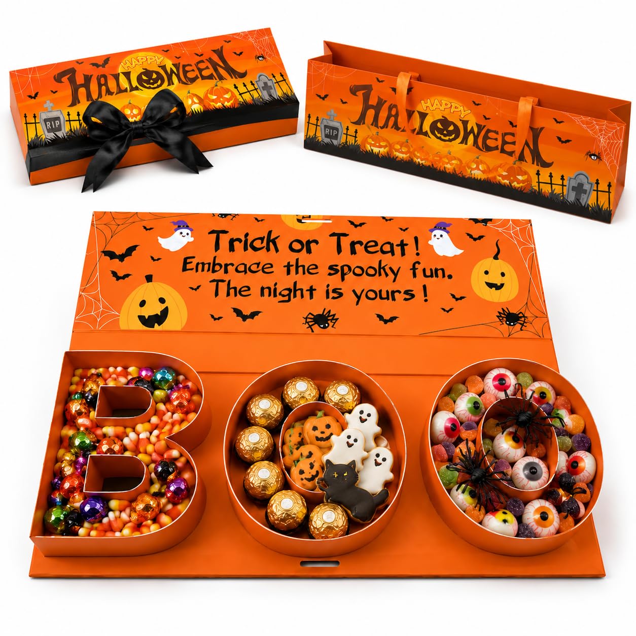 iplusmile BOO Scatola per dolcetti di Halloween, con borsa tote, scatola per caramelle a forma di lettera, riempibile, riutilizzabile, per bomboniere per dolcetto o scherzetto (2, scatola BOO per