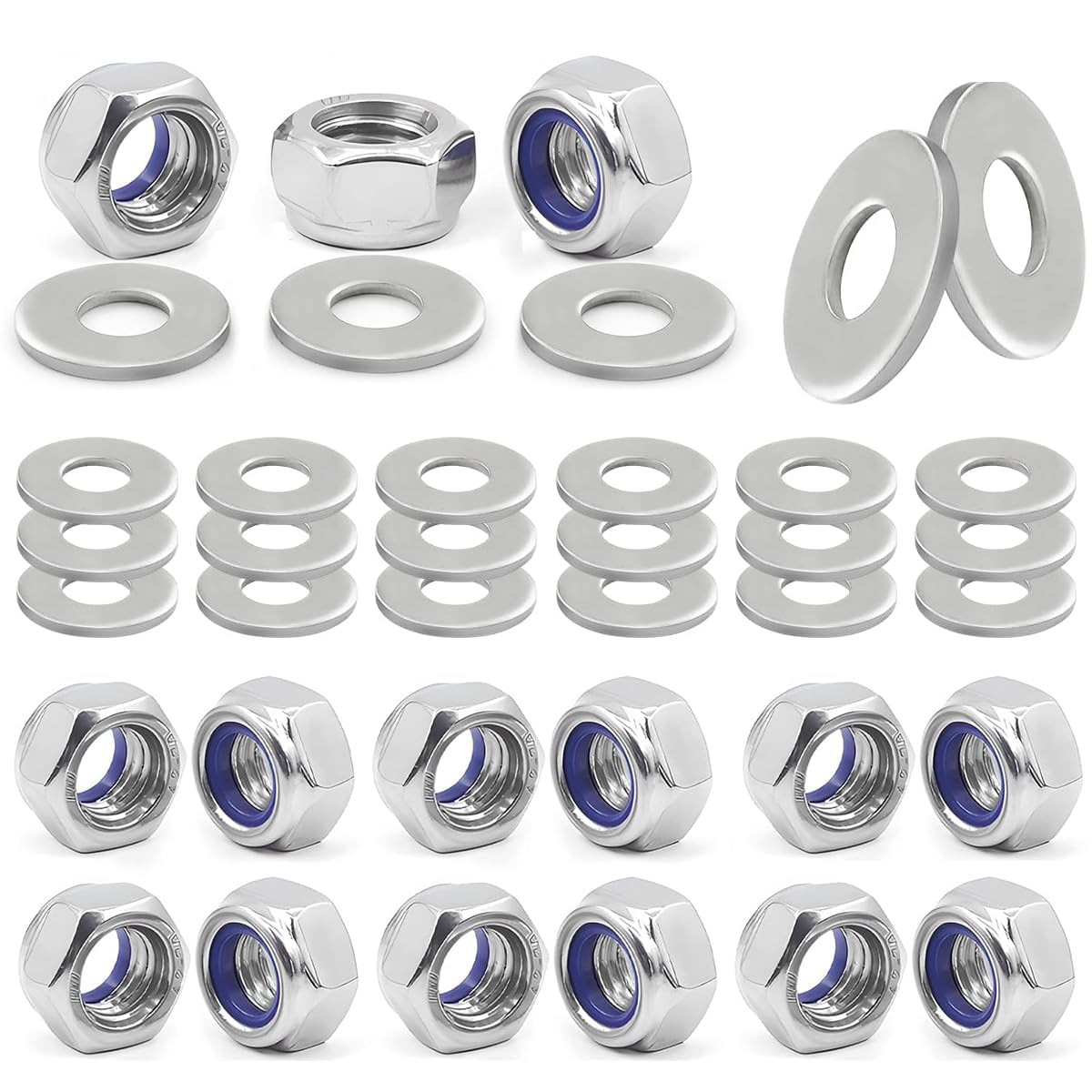 Uqingo 50PCS M5 Nuts Nylock Nuts and 50PCS Washers, M5 5mm 304 Stainless Steel Hex Self Locking Nut, Nylon insert Thread Lock Nut Kits Hexagon for Bolts & Screws - Silver