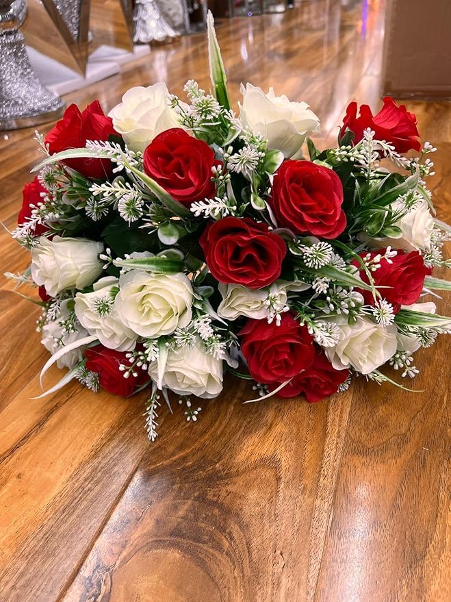 Biznest 2 Bundles Of Artificial Roses Flower Bouquet (48 Heads) Mix Colours Bunch Available Home, Party, Cemetery, Wedding, Porch, Yard, Indoor & Outdoor Event Decoration (CREAM AND RED)