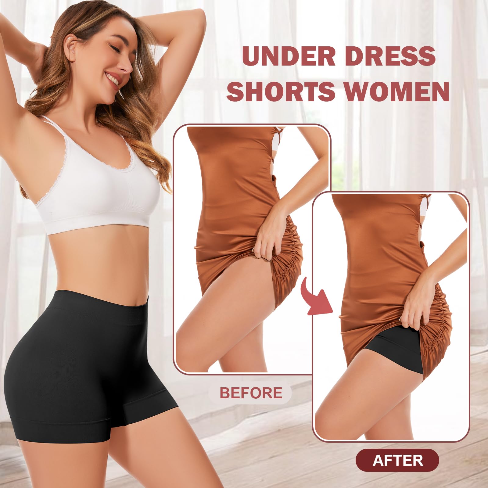 Pantalones cortos para mujer debajo de los vestidos, pantalones cortos antirozaduras, pantalones cortos de yoga, pantalones cortos de motociclista, negro, blanco (Black White Nude), Grande 3