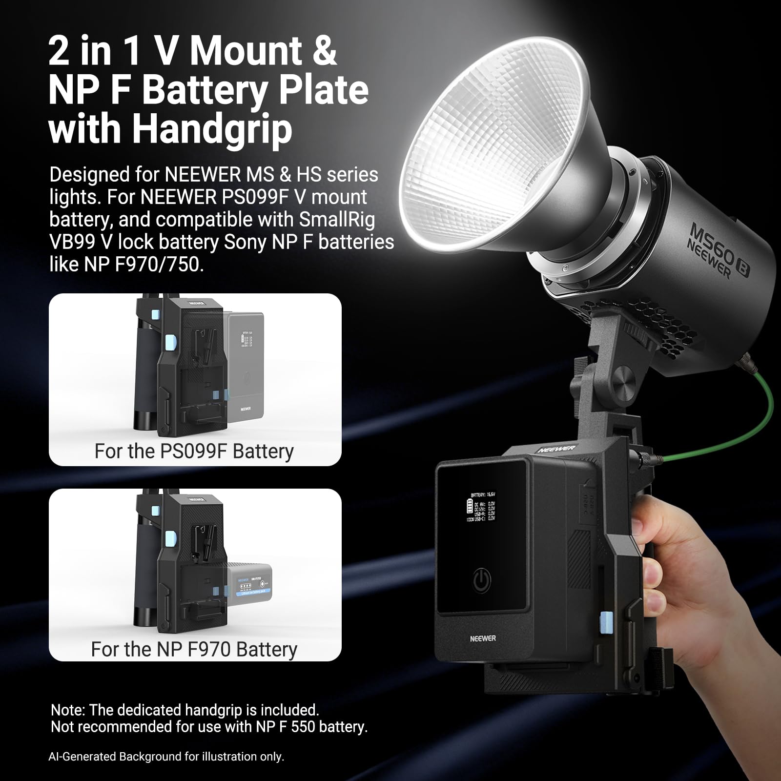 NEEWER Impugnatura Batteria V Mount e NP-F 2in1 per Luce Video LED Portatile Serie MS HS, Maniglia a Due Canale con Piastra per Batteria NP-F970 750 PS099E VB99 e Cavo DC a DC da 5,5x2,5mm, PS011E