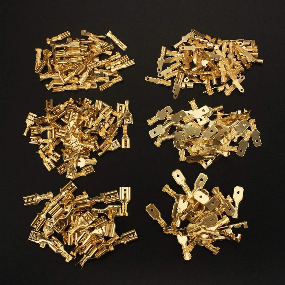 MMOBIEL 480 pz Assortimento di connettori a forcella Morsettiere a crimpare per cavi con guaine isolanti per cablaggio elettrico - 2,8 mm 4,8 mm 6,3 mm maschio e femmina - Oro