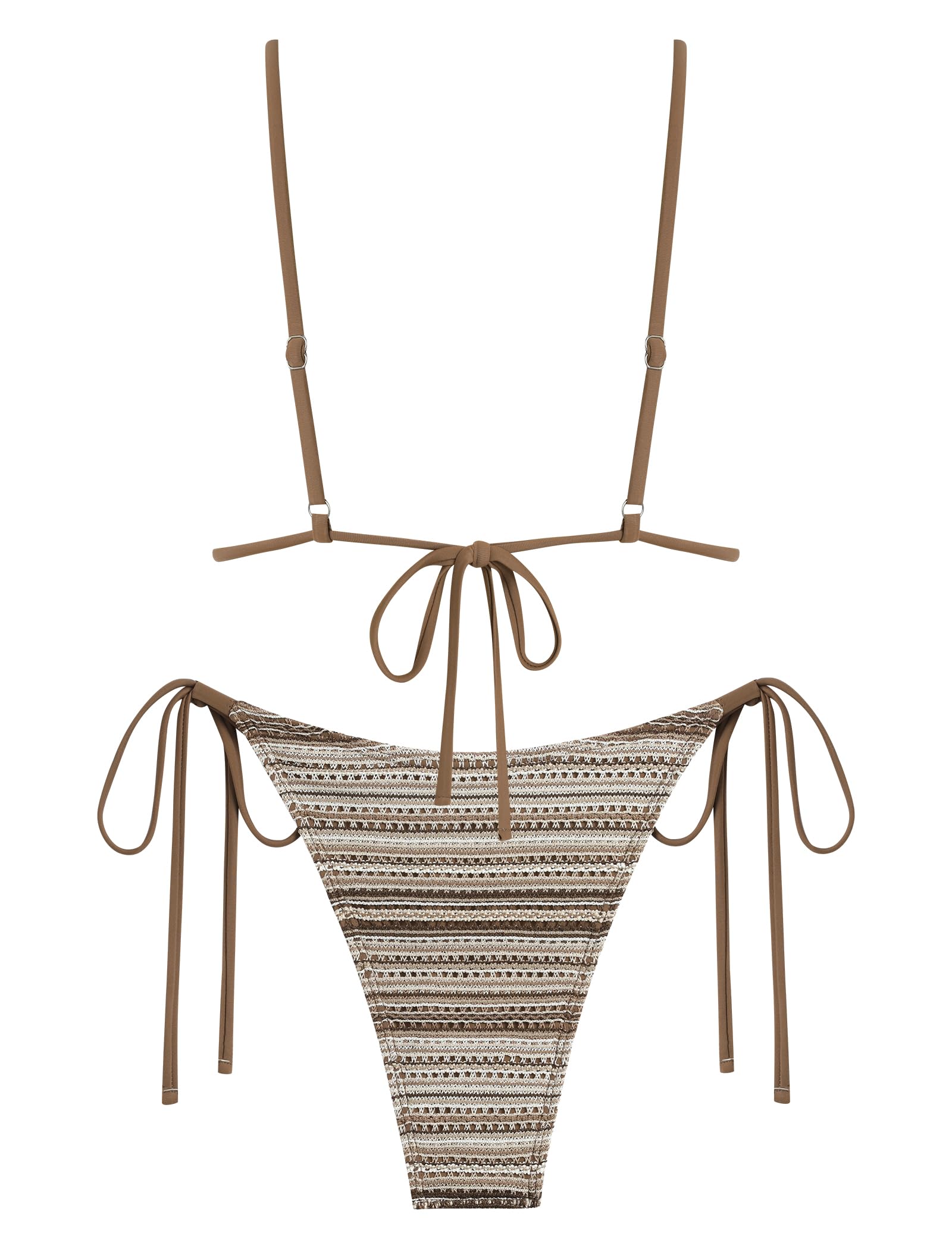 ZAFUL Crochet Bikini Sets for Women Cheeky Two Piece Bathing Suits Striped Brazilian High Cut Knit Swimsuit Tie for Vacation: Medium A-brown