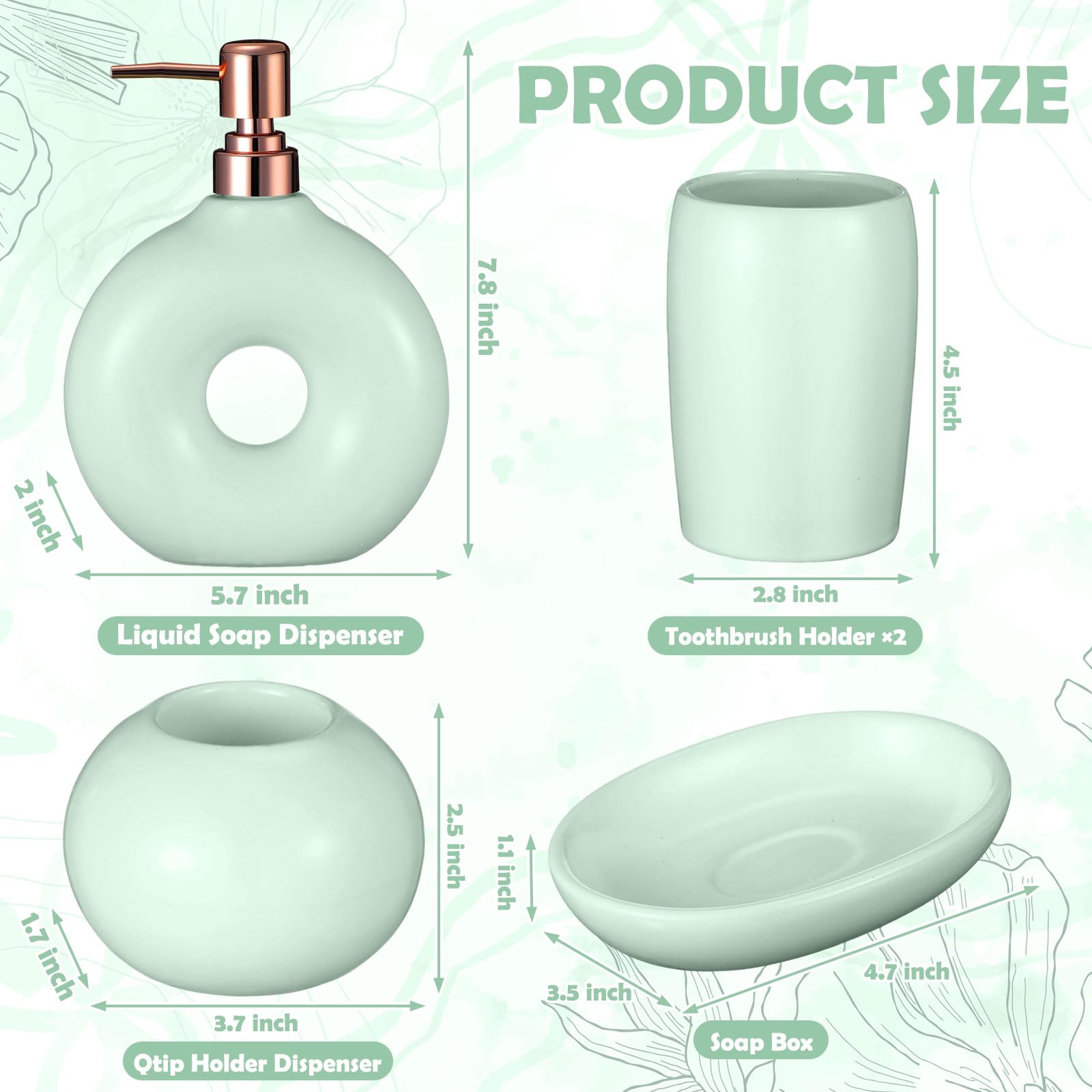 FoldTier Set da 5 pezzi di accessori da bagno in ceramica, include dispenser per sapone, portabicchiere per spazzolino, portasapone, elegante e moderno, decorazione da bagno in smalto opaco (verde)
