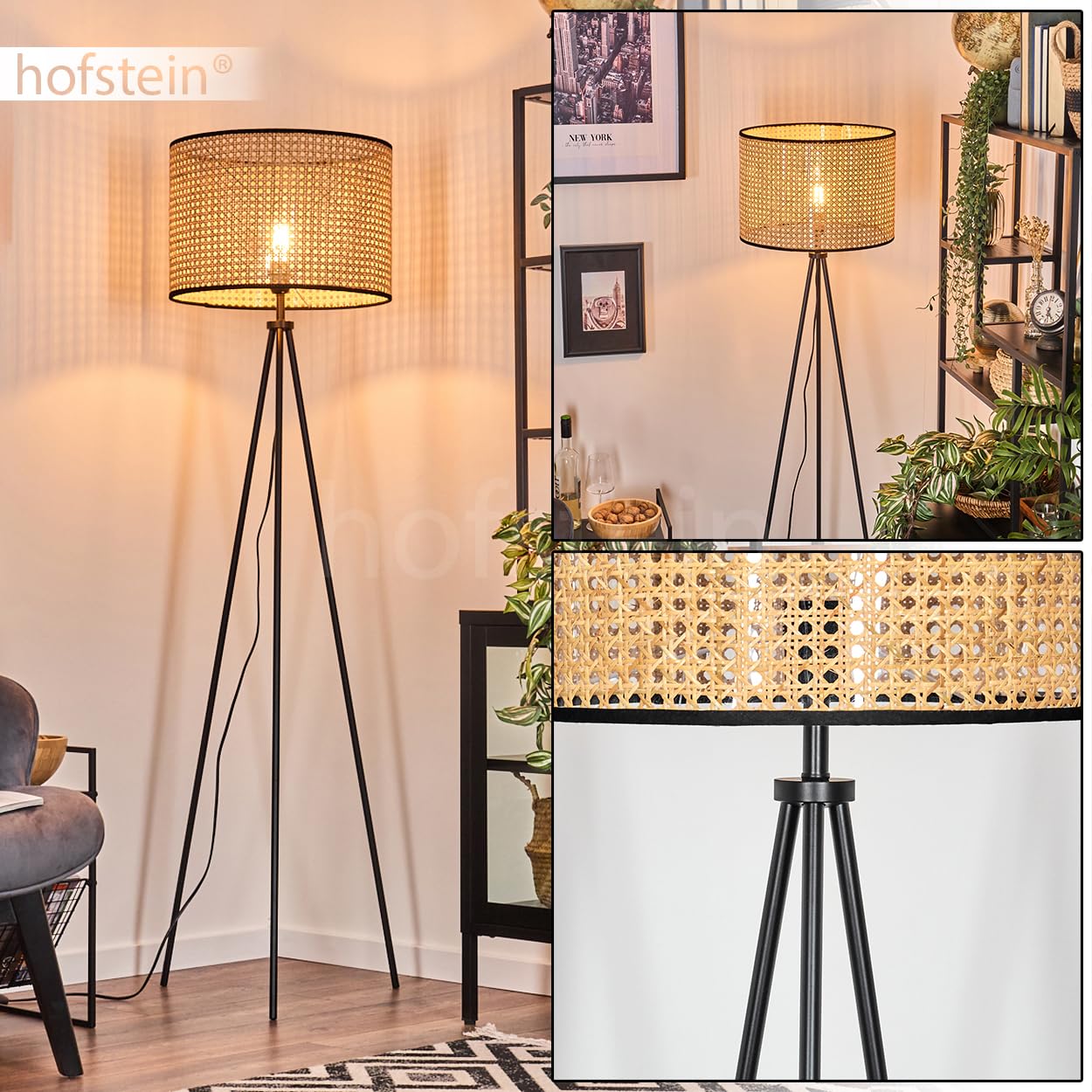 Lampadaire Ramila, en bois/osier viennois/rotin de couleur naturelle/noir, lampe de style scandinave avec abat-jour rond (Ø 40 cm) et interrupteur au pied, hauteur 155 cm, 1x E27, sans ampoule