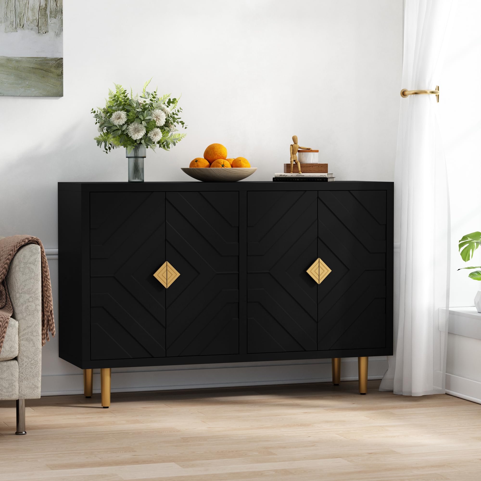 HOLTICO Credenza Moderna con 4 Ante, Armadietto con Design a Rilievo Geometrico, Mobile Multifunzione per Soggiorno, Cucina e Camera da Letto, 4 Colorazioni Esclusive, Nero Scuro
