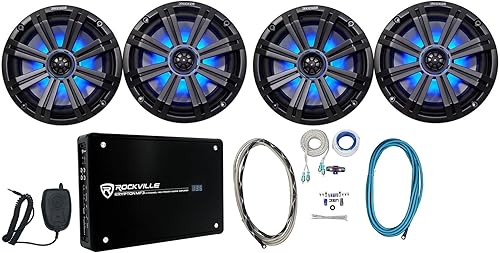 (4) KICKER 45KM84L - Paquete de altavoces impermeables con cable RCA marino Rockville MRCA25, pin dividido, kit de cable de amplificador marino
