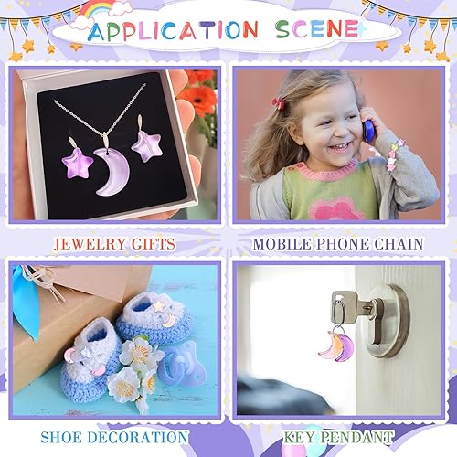 Miniatura 7 de 200 cuentas de luna, cuentas de estrella de 0.630 in, cuentas de cristal de luna creciente, dijes de luna de 0.394 in, cuentas espaciadoras de