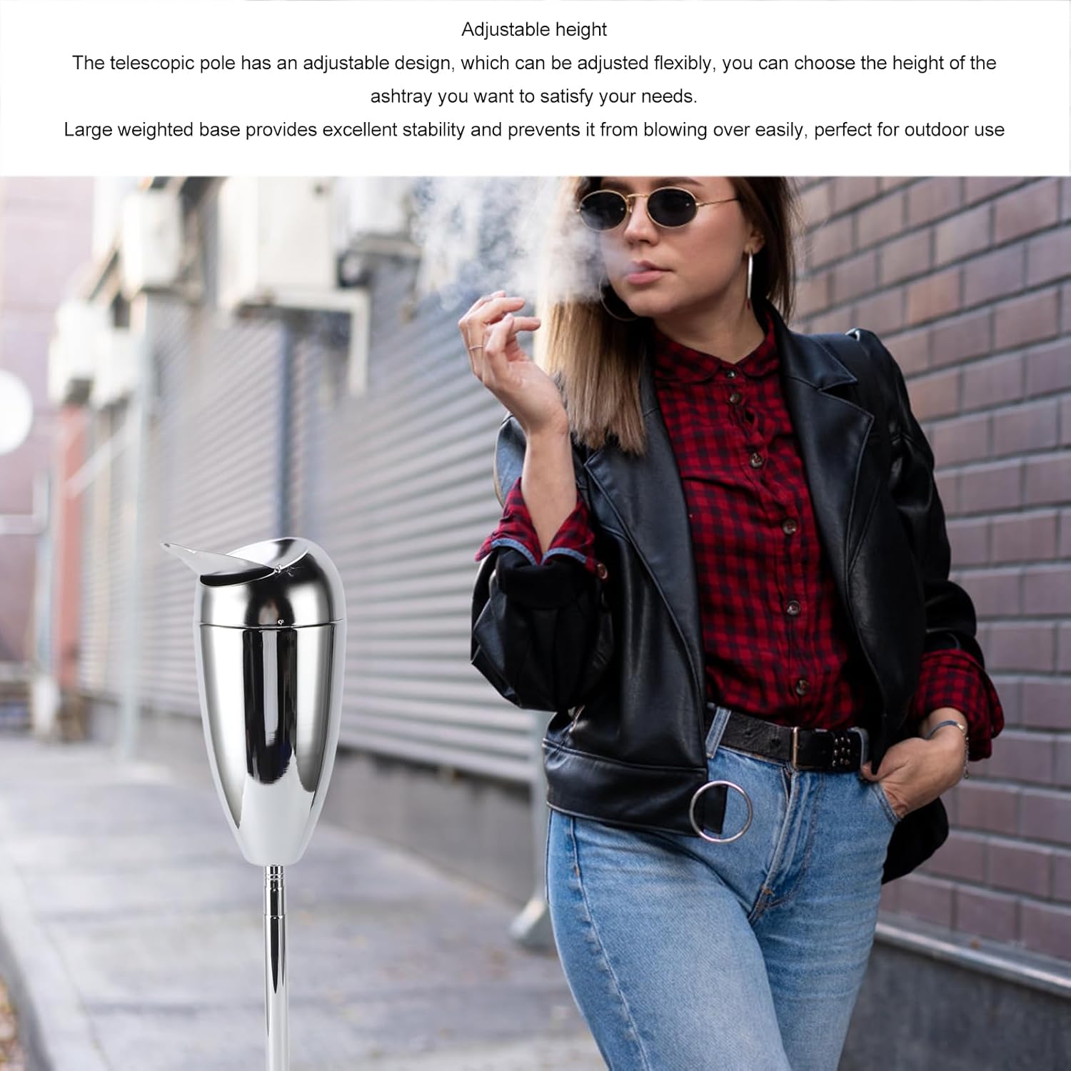 Adjustable Ashtray, Large Capacity Outdoor Standing Ashtray with Lid Self Cleaning Detachable Adjustable Height Floor Standing Ash Tray for Home Patio (Silver)