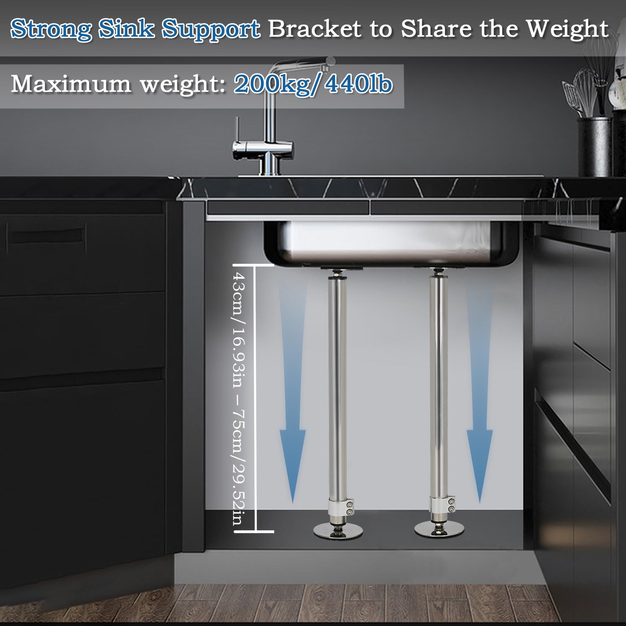 aleawol Undermount Sink Supports Brackets, Adjustable 43-75 cm Stainless Steel Kitchen Telescopic Sink Support Legs 2Pcs Sink Support Pole for Bathroom - Image 3