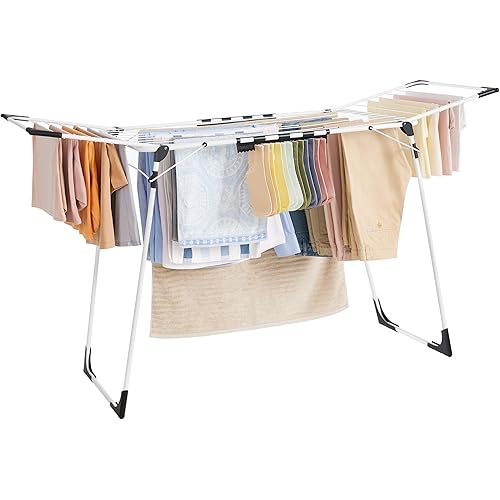 SONGMICS Clothes Drying Rack Foldable, Gullwing Laundry Drying Rack, Space-Saving, 22.2 x 68.1 x 38 Inches, Sock Clips, Metal Structure, for Clothes, Towels, Linens, Indoor, Outdoor White ULLR518W01