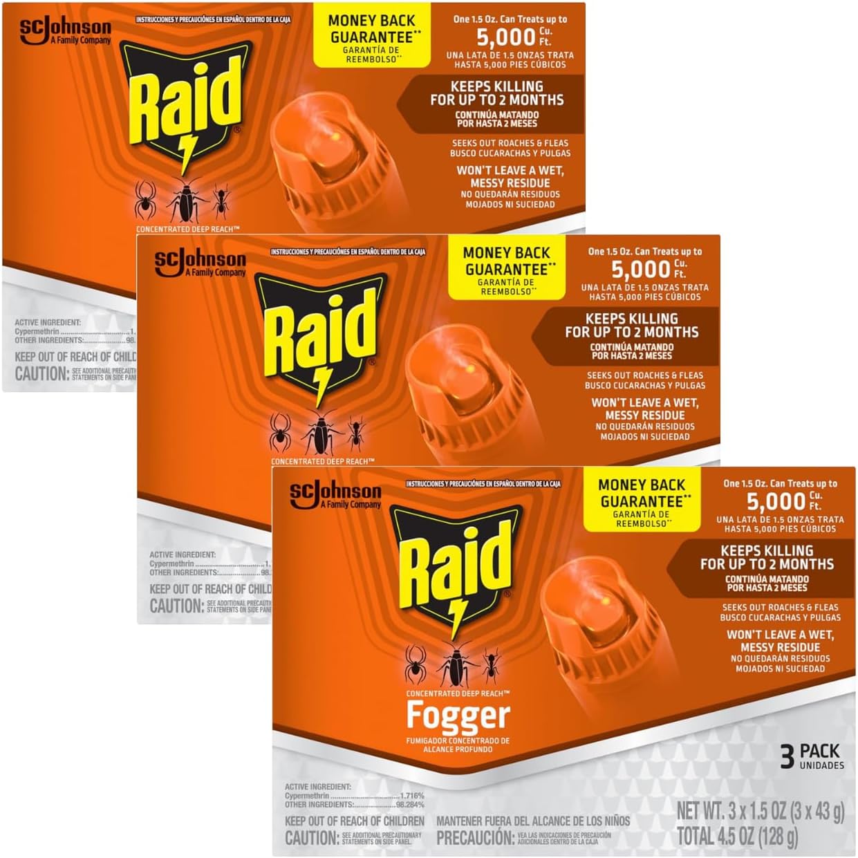 Raid Concentrated Deep Reach Fogger Kills Ants Roaches and Spiders 1.5 Ounce Cans 3 Count (Pack of 3)