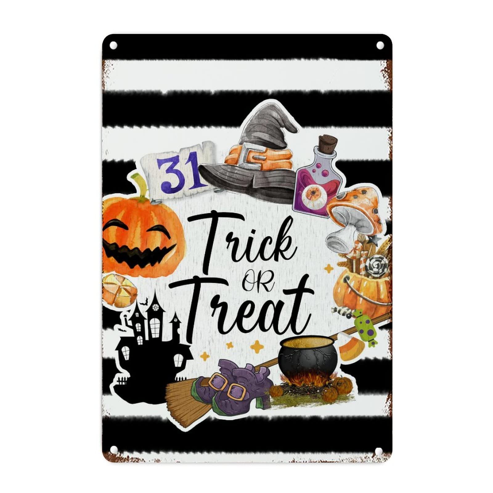 Panneau Halloween aluminium à rayures noires et blanches pour porche extérieur 45x30 cm