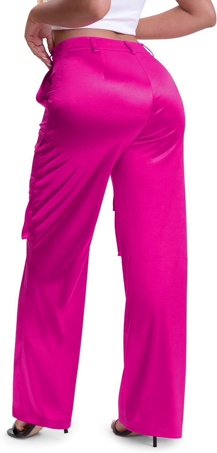 Tapata Womens Satin Cargo Pants 28.5/31 Inseam High Waisted Wide Leg Casual Straight Club Trousers Petite/Regular - Image 2