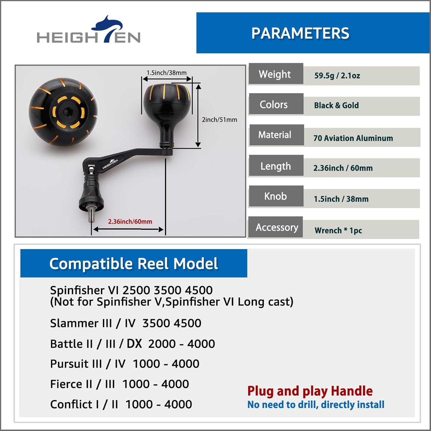 HEIGHTEN Fishing Reel Handle for Penn Spinfisher VI/Slammer III IV/Battle II III DX/Pursuit III IV/Fierce II III