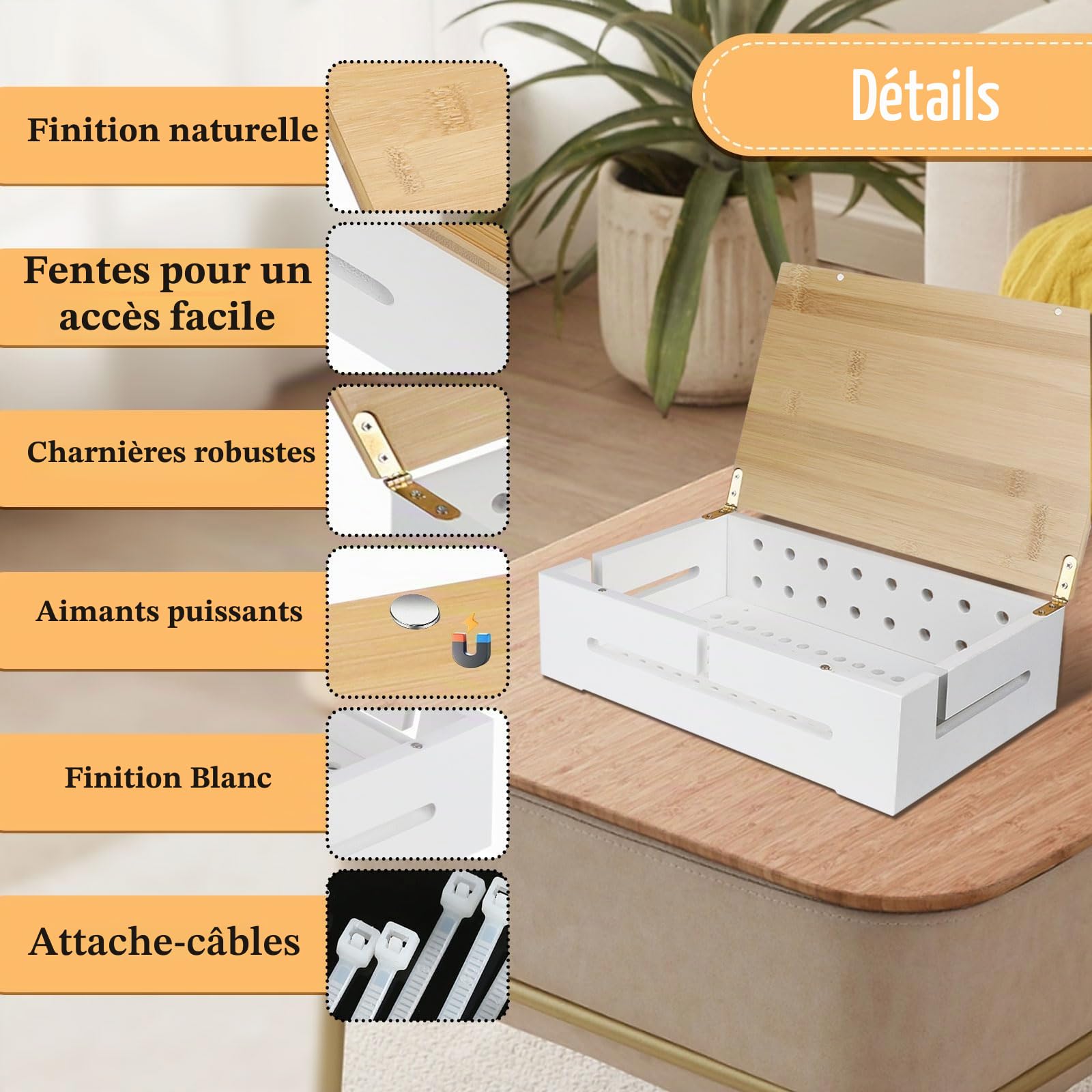 DBREAKS 2 Pièces Boîte de Gestion des Câbles en Bambou, Cable Management Bureau avec Couvercle Magnétique, Boite Rangement Câbles,Cache Cable Multiprise pour TV Chargeurs et Multiprises (Blanc)