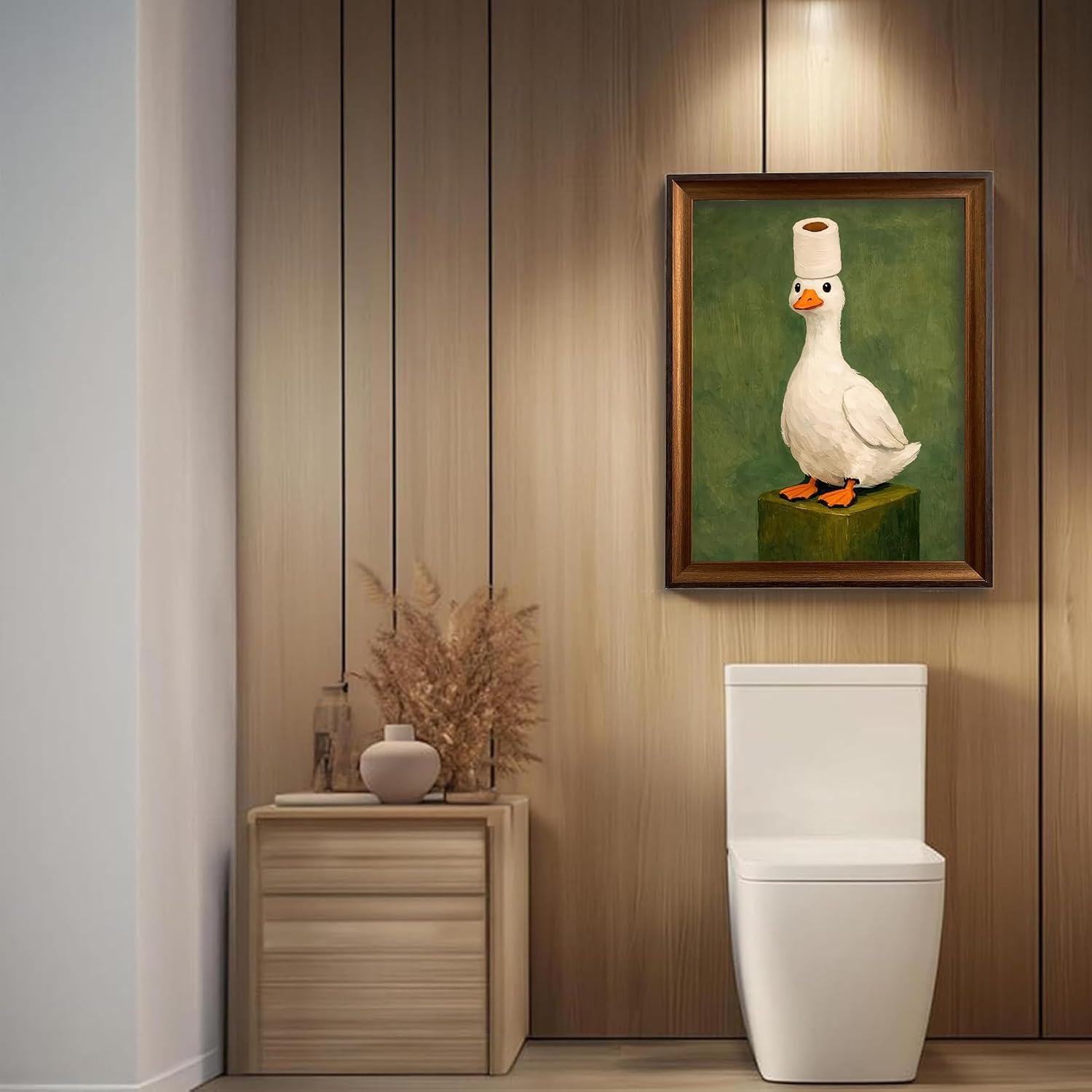 Framed Funny Duck Bathroom We Wall Art Vintage Green Goose Decor Print | Duck with Toilet Paper on Head Painting Poster Whimsical Animal Canvas Picture for Bathroom Dorm Ready to Hang 8x10in