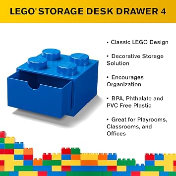 Room Copenhagen LEGO Storage Brick 4 Desk Drawer, 4-Stud Stackable Tabletop Storage Box, 6.2 x 6.2 x 4.4 In, Blue